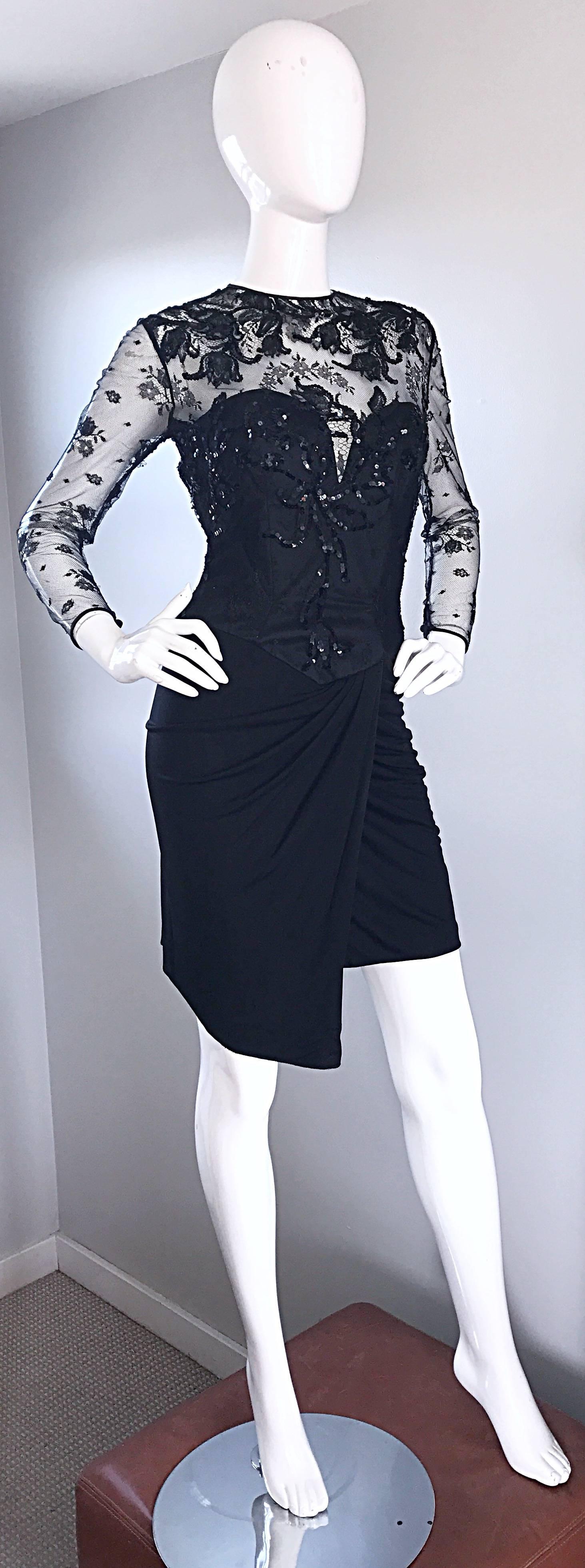 Women's Vicky Tiel Couture Vintage Black Jersey + Lace + Sequins Sexy Asymmetrical Dress For Sale
