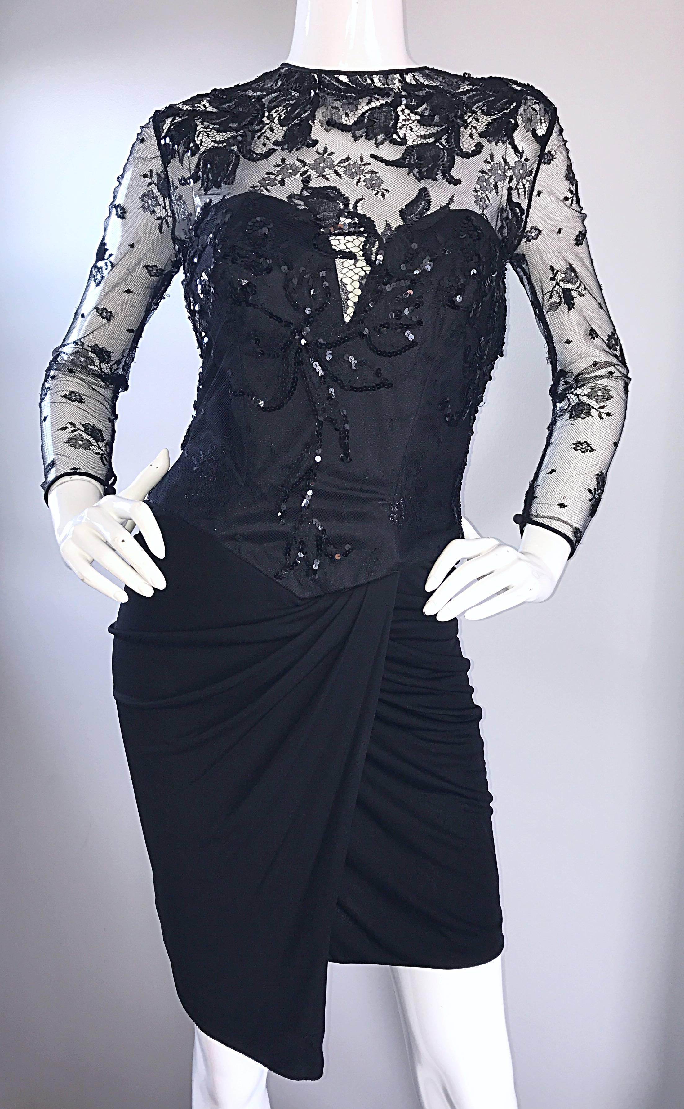 Vicky Tiel Couture Vintage Black Jersey + Lace + Sequins Sexy Asymmetrical Dress For Sale 1