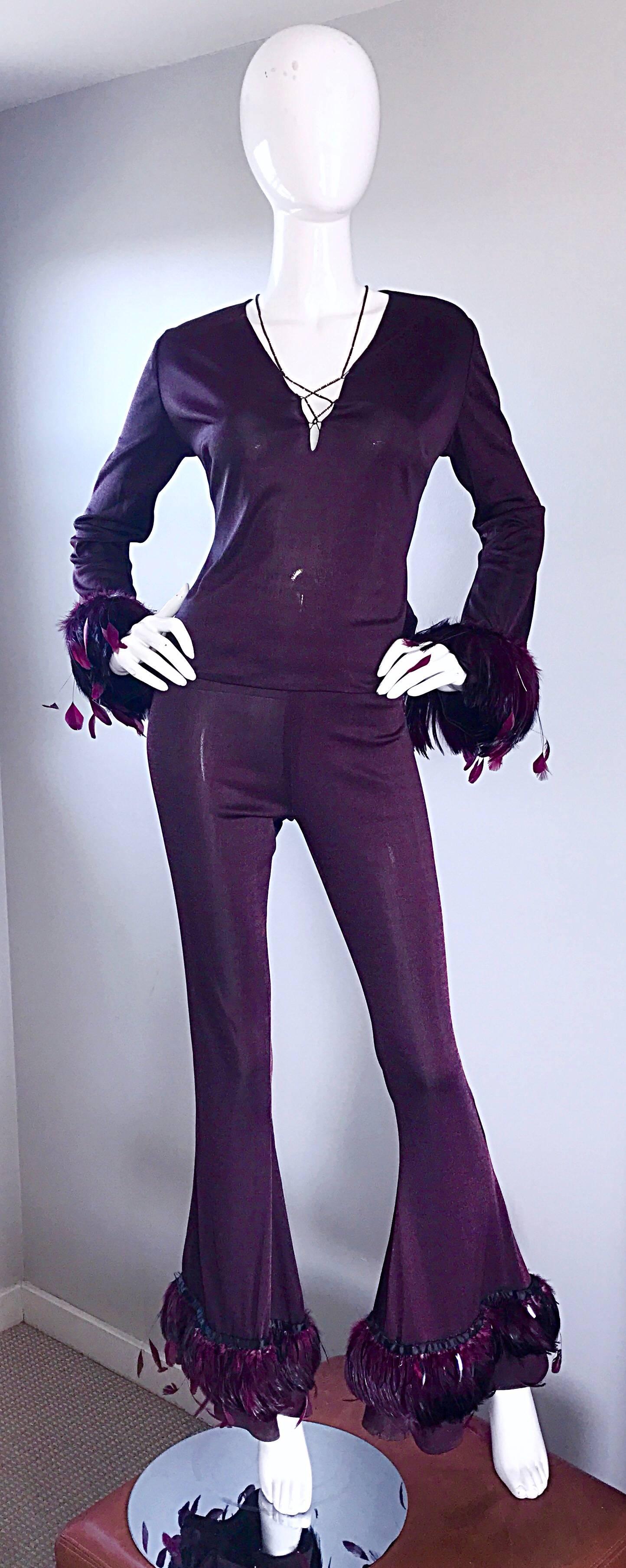 Amazing vintage 90s PAMELA DENNIS COUTURE aubergine / eggplant purple 1990s does 1970s custom made outfit! Beautiful vibrant color, with just the right amount of metallic sheen! Features a form fitting top, with a tiny chain that laces up the front,