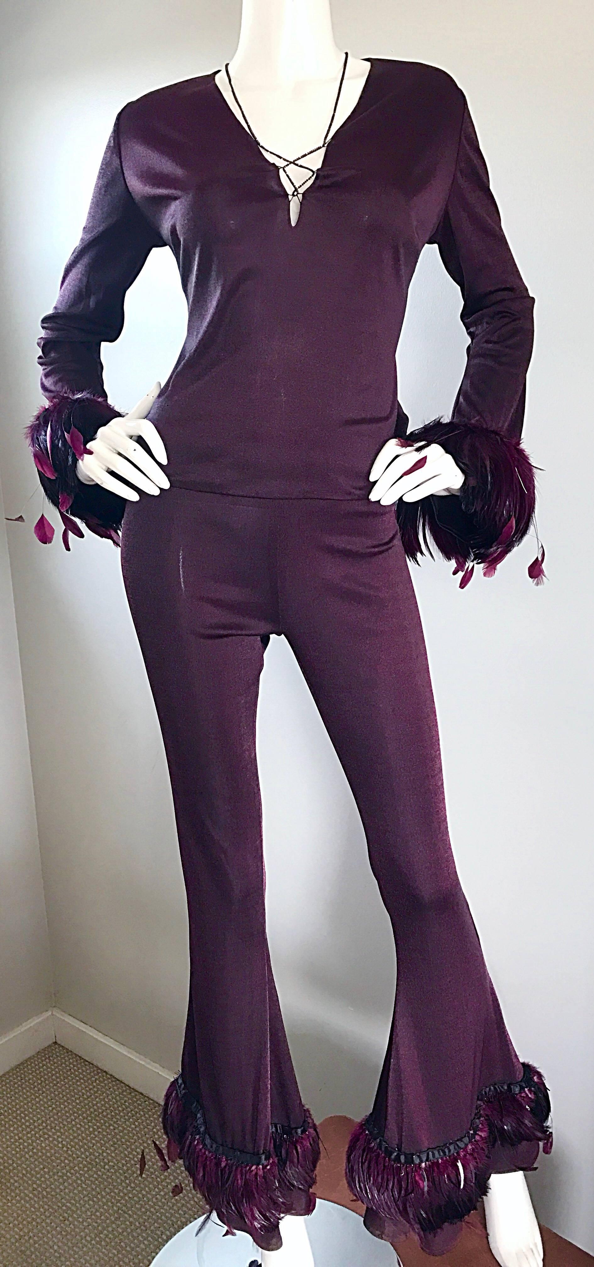 Vintage Pamela Dennis Couture Custom Made Aubergine Feather Trimmed Pant Set In Excellent Condition In San Diego, CA