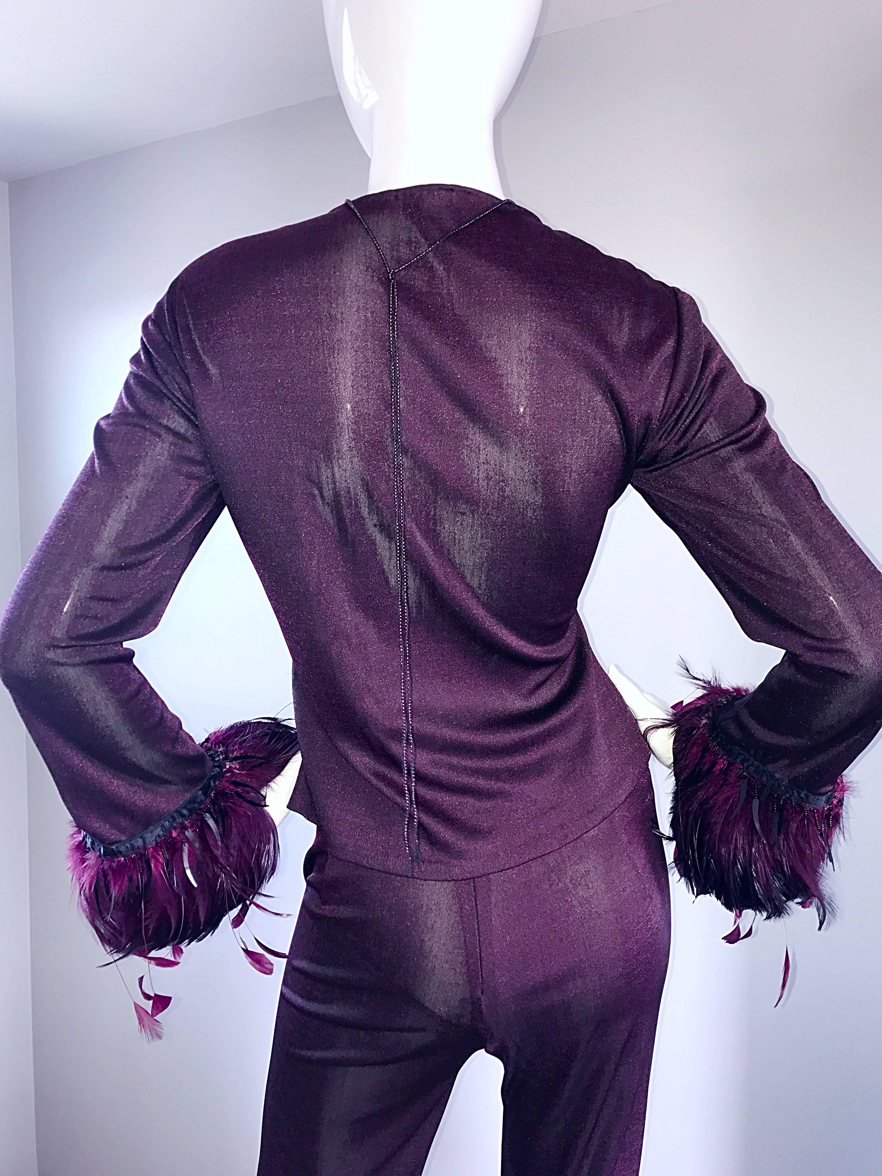 Vintage Pamela Dennis Couture Custom Made Aubergine Feather Trimmed Pant Set 3