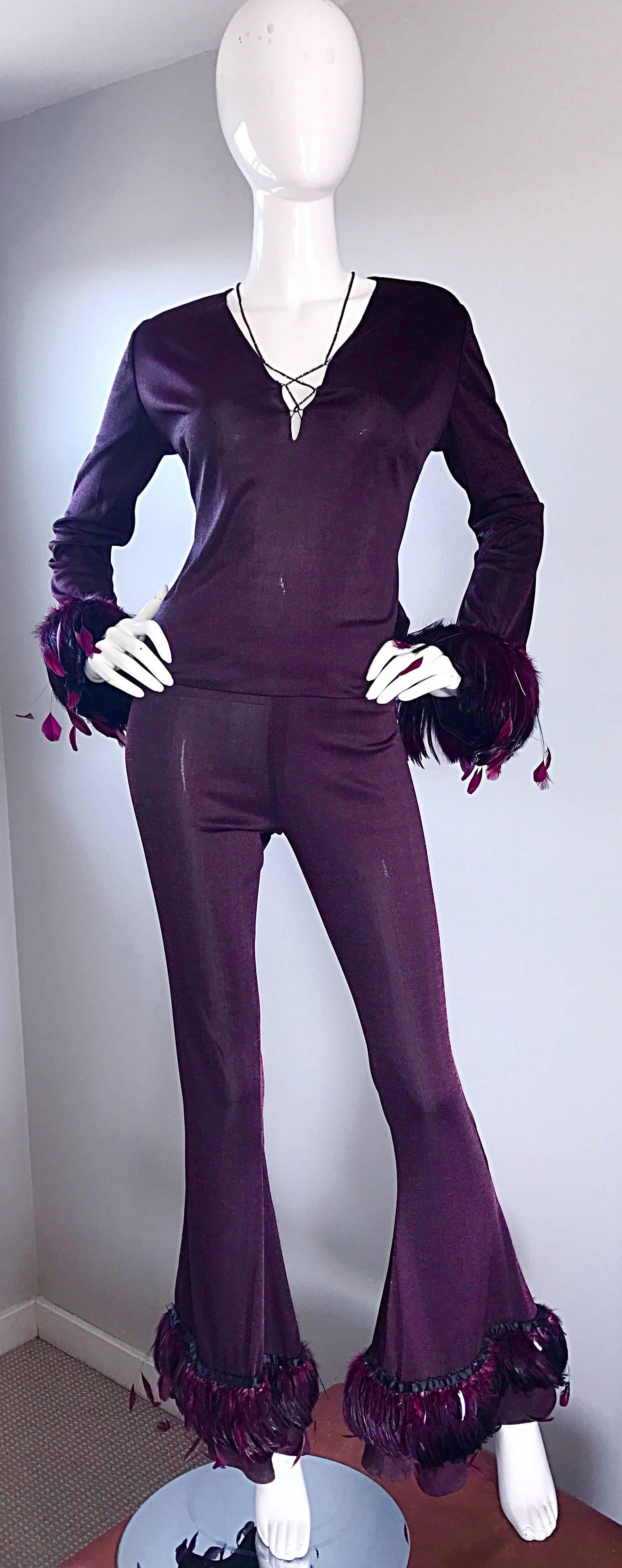 Vintage Pamela Dennis Couture Custom Made Aubergine Feather Trimmed Pant Set 4