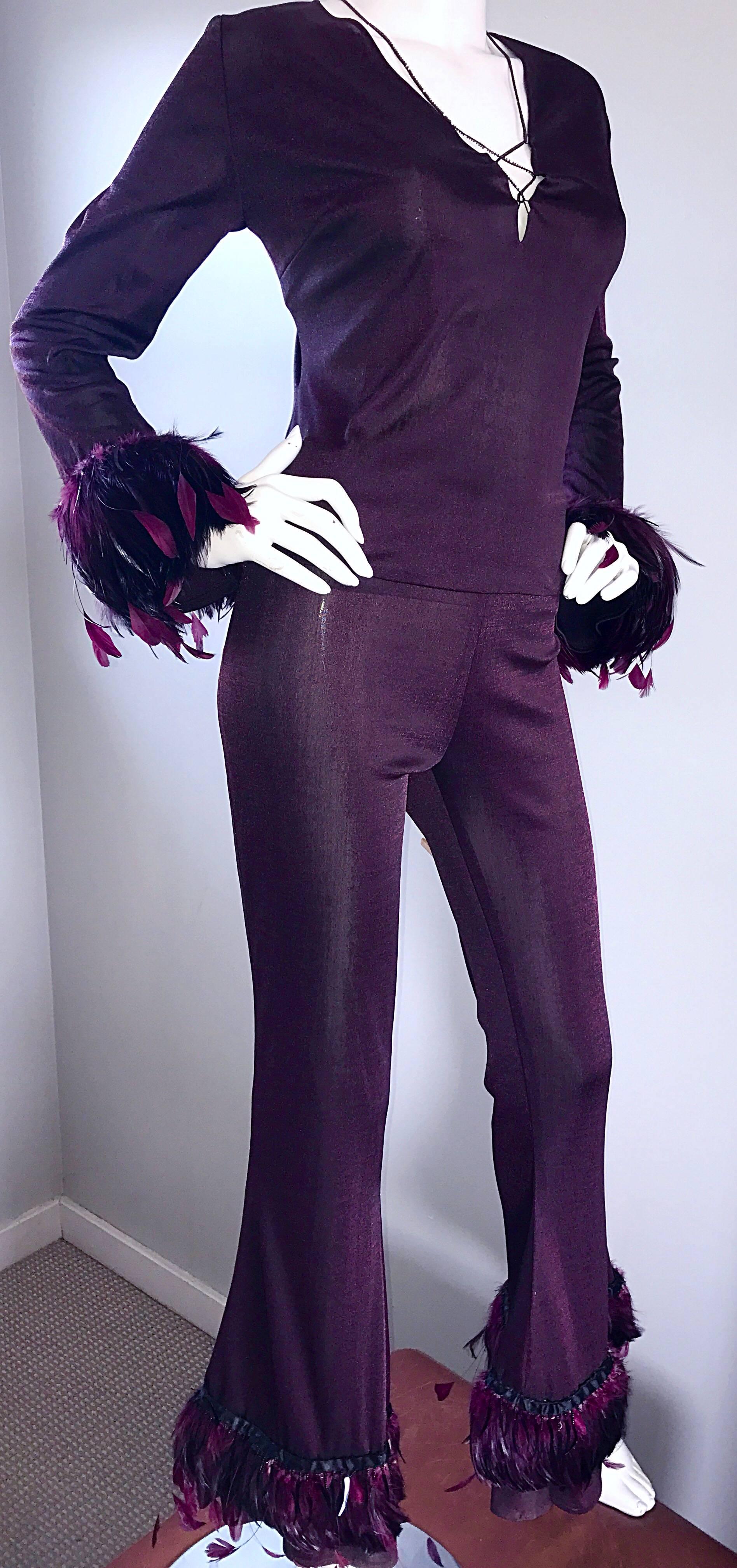 Vintage Pamela Dennis Couture Custom Made Aubergine Feather Trimmed Pant Set 2