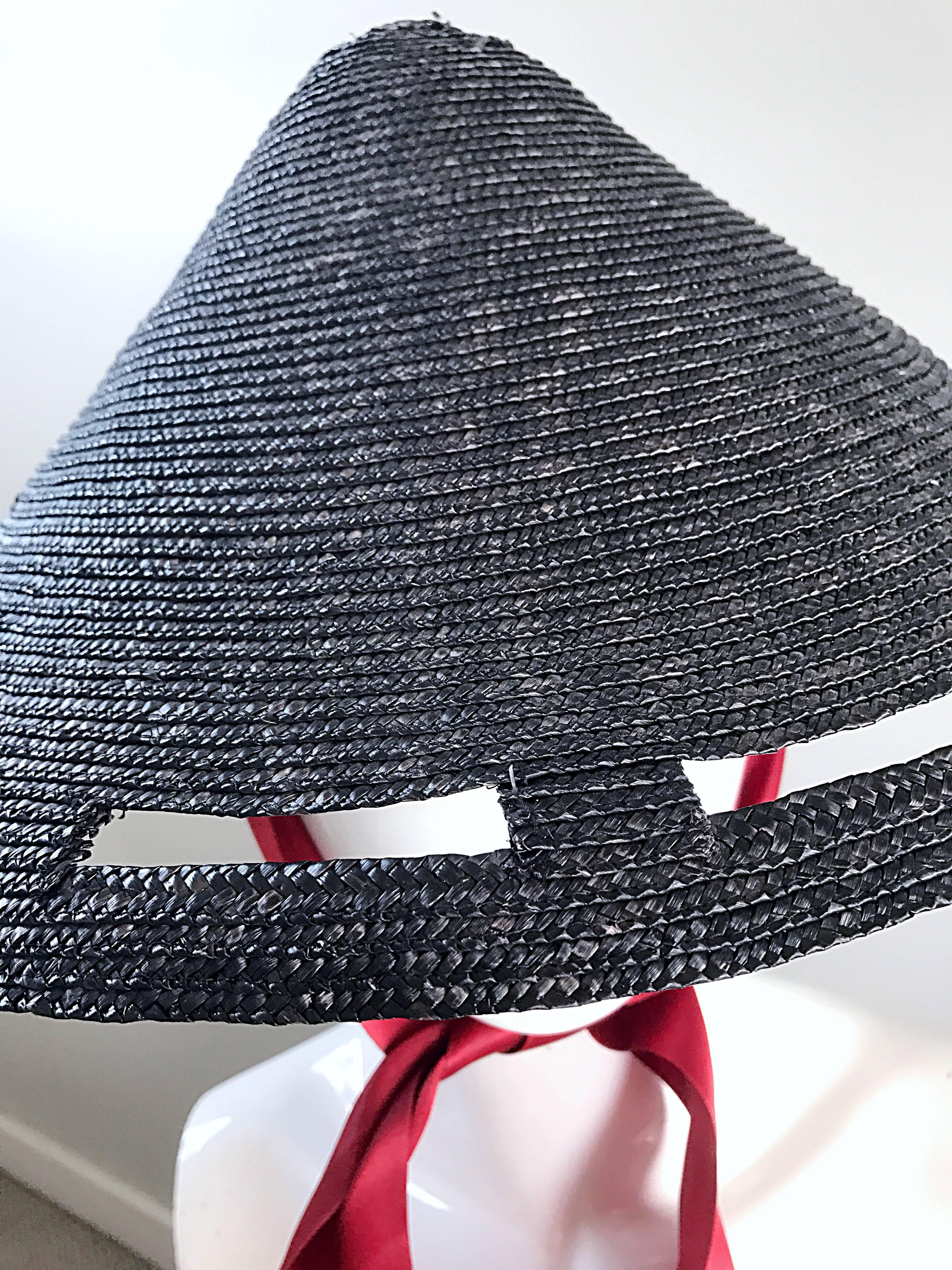 Women's Rare Vintage 1950s Black Straw 50s Hat w/ Eye Slits and Red Silk Ribbon Tie