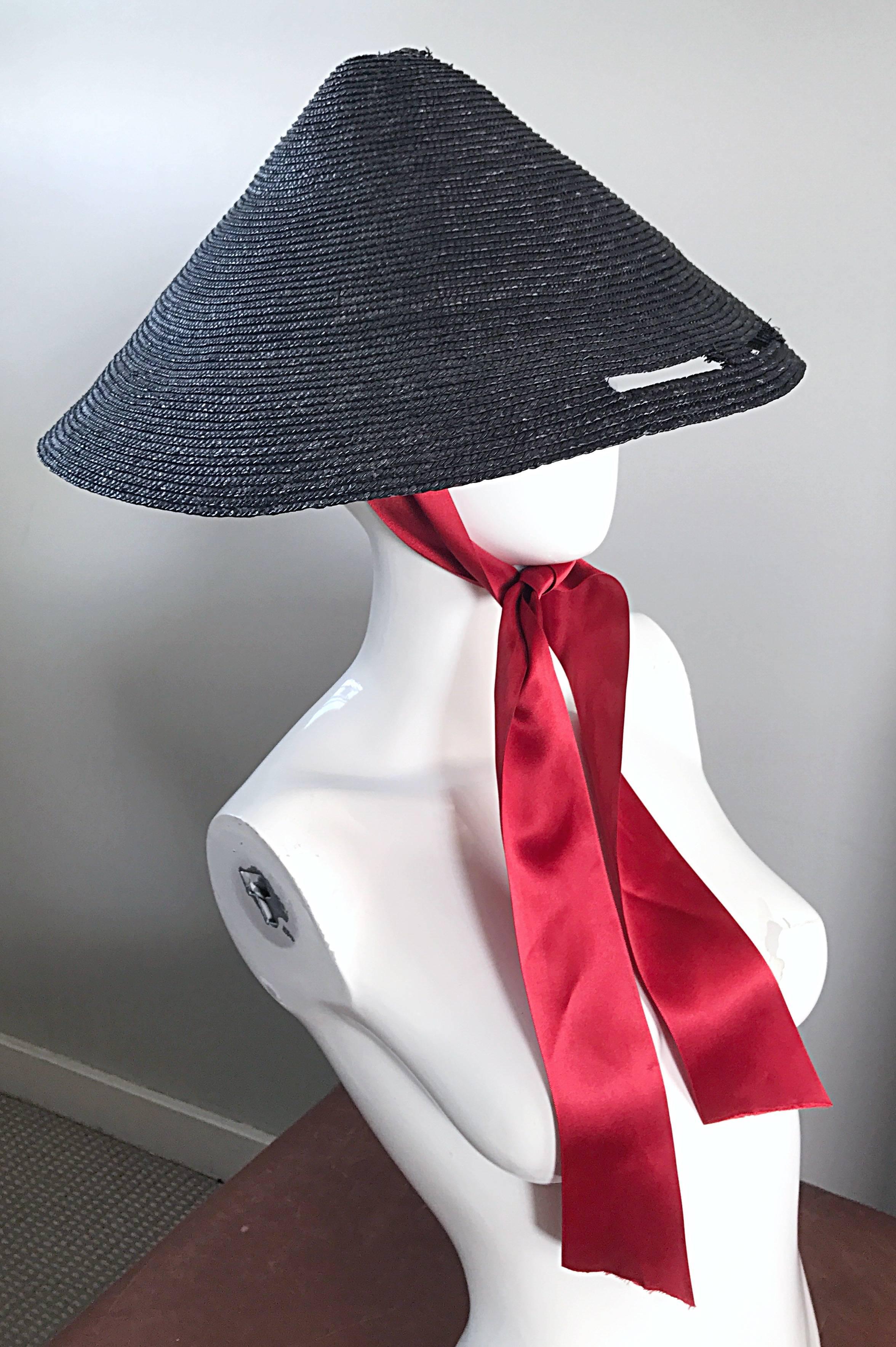 Rare Vintage 1950s Black Straw 50s Hat w/ Eye Slits and Red Silk Ribbon Tie In Excellent Condition In San Diego, CA