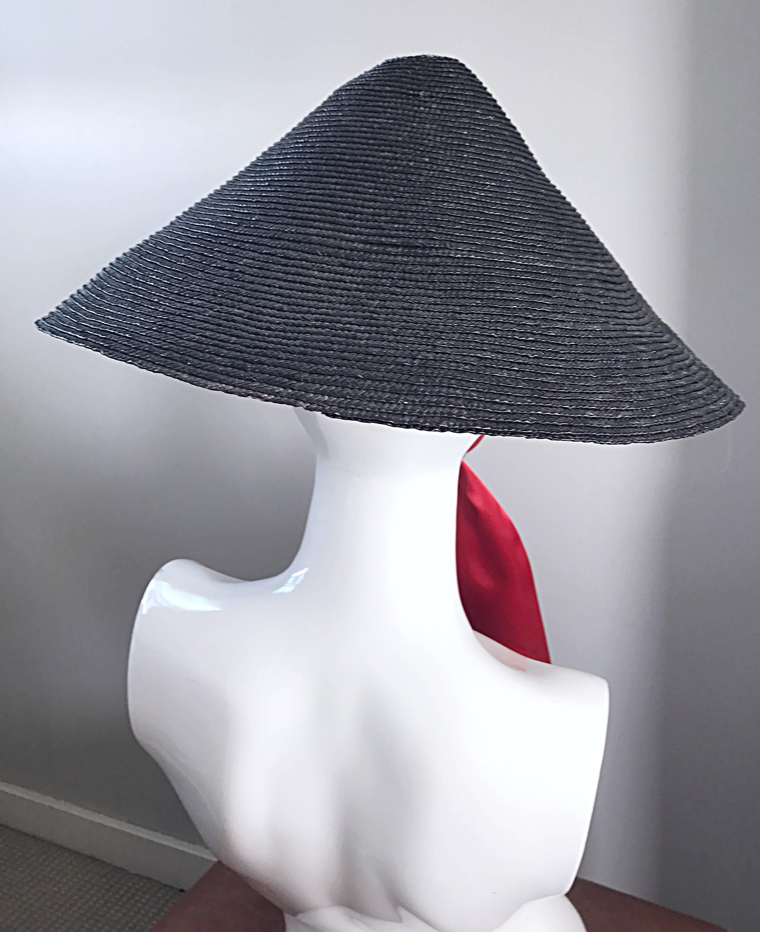 Rare Vintage 1950s Black Straw 50s Hat w/ Eye Slits and Red Silk Ribbon Tie 1