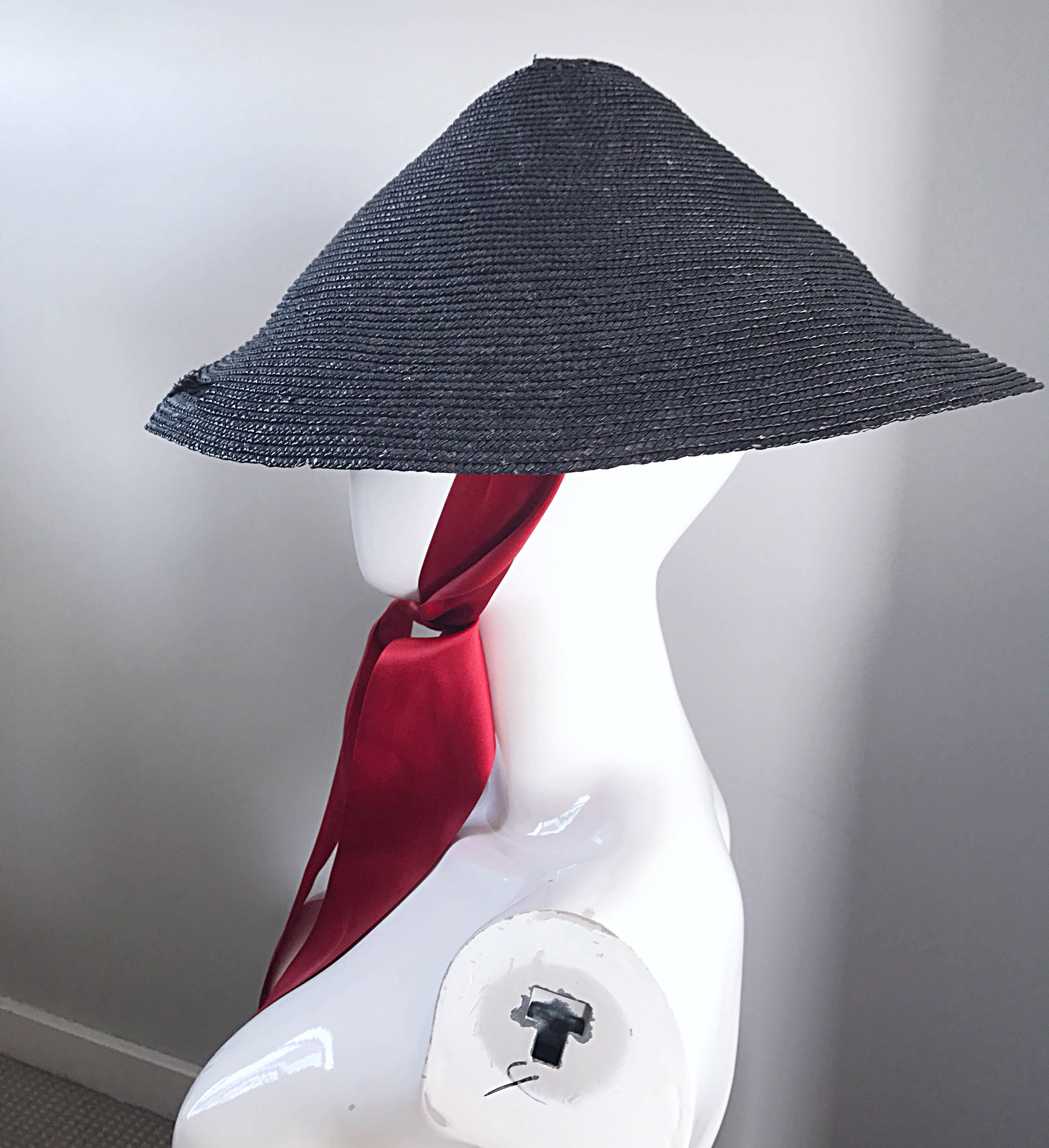 Rare Vintage 1950s Black Straw 50s Hat w/ Eye Slits and Red Silk Ribbon Tie 2