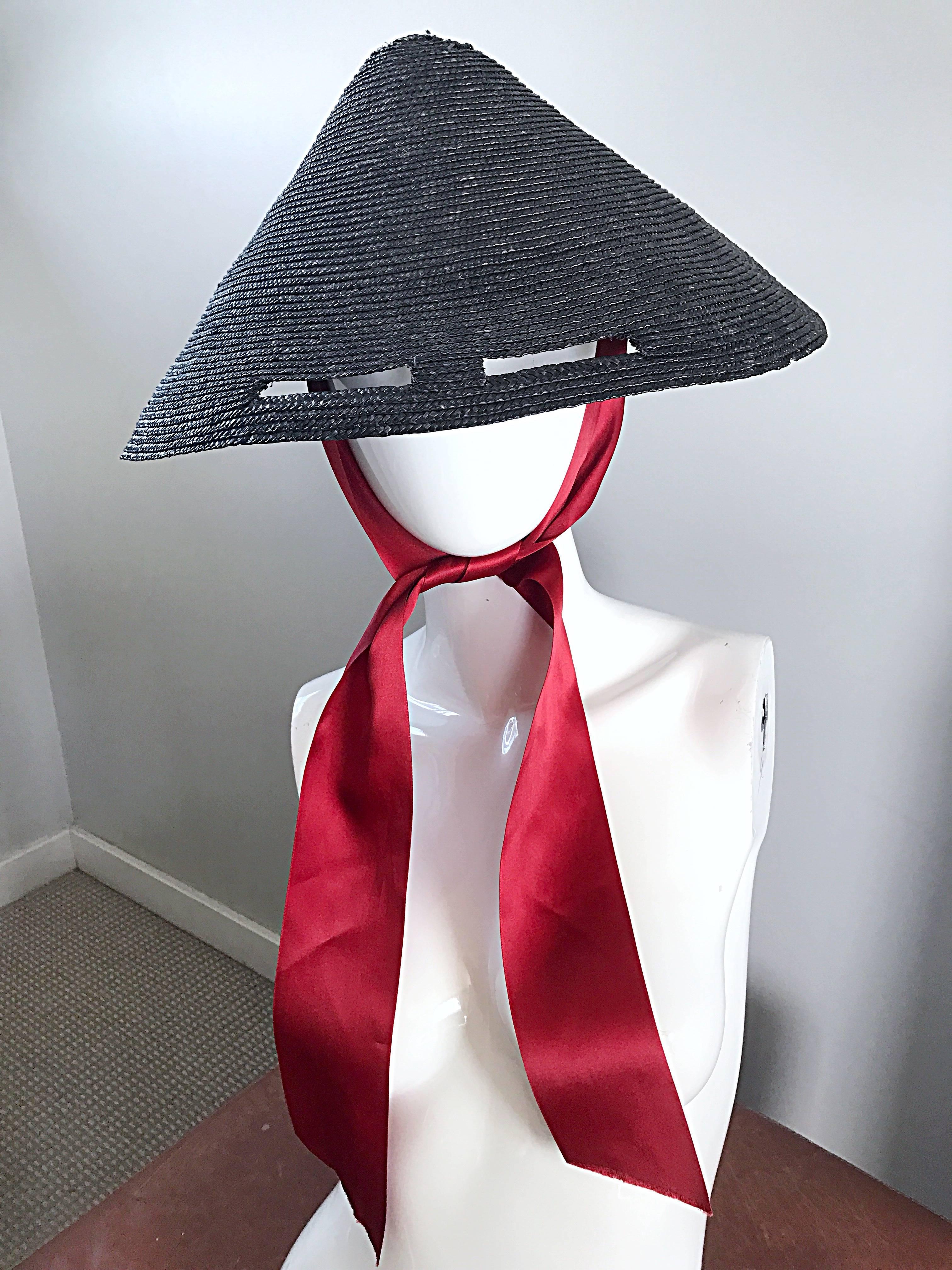 Rare Vintage 1950s Black Straw 50s Hat w/ Eye Slits and Red Silk Ribbon Tie 3