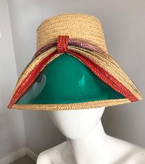 Rare 1960s Italian Vintage 60s Straw Hat w/ Built in ' Sunglasses ' Visor Shade