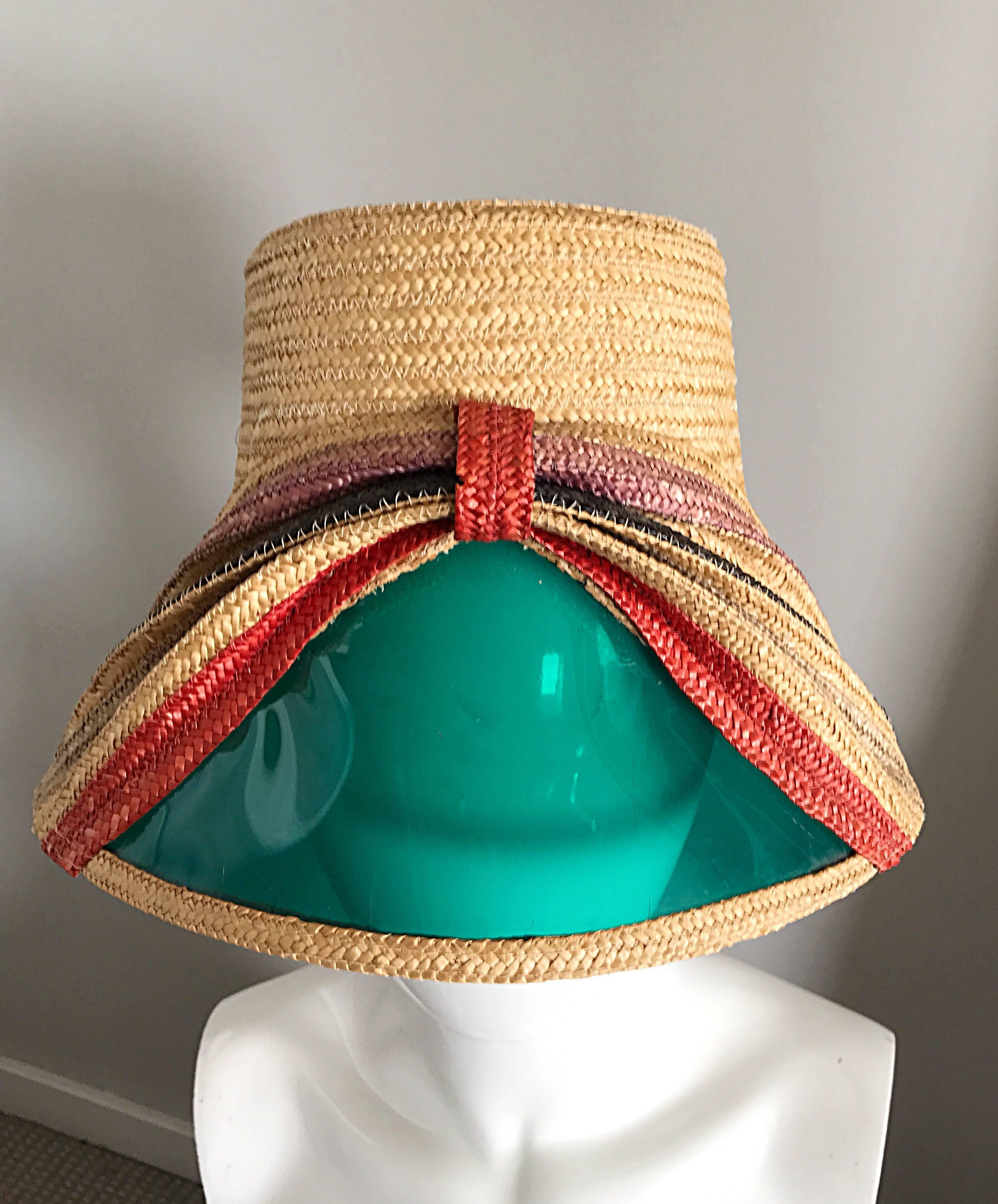 Women's Rare 1960s Italian Vintage 60s Straw Hat w/ Built in ' Sunglasses ' Visor Shade