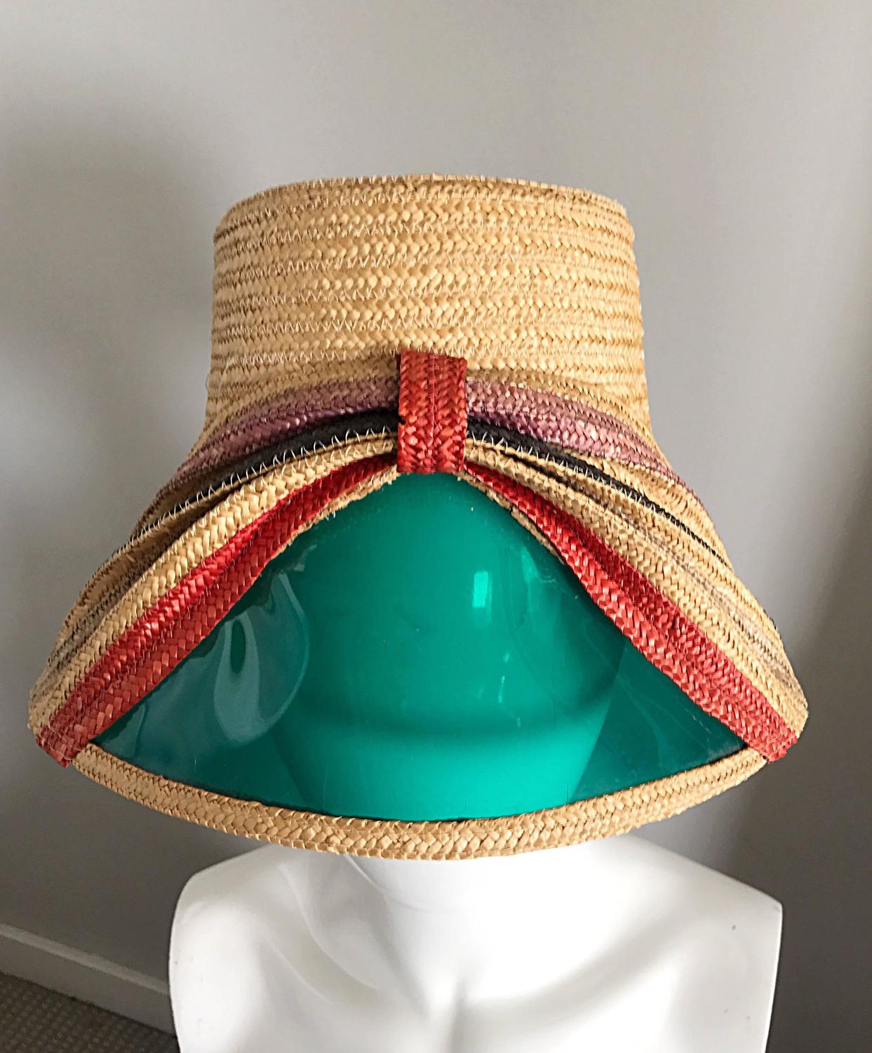 Rare 1960s Italian Vintage 60s Straw Hat w/ Built in ' Sunglasses
