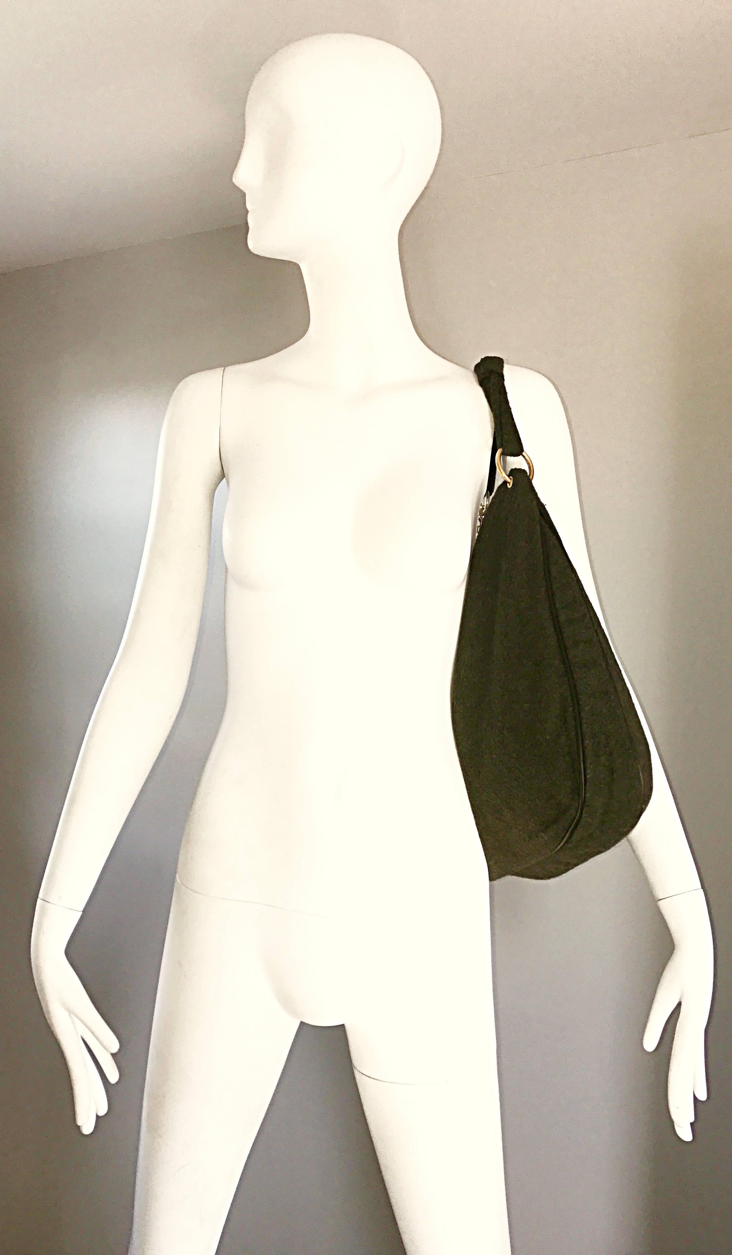 Black 1970s Joseph Magnin Hunter Green Made in Italy Wool XL Hobo Vintage Shoulder Bag