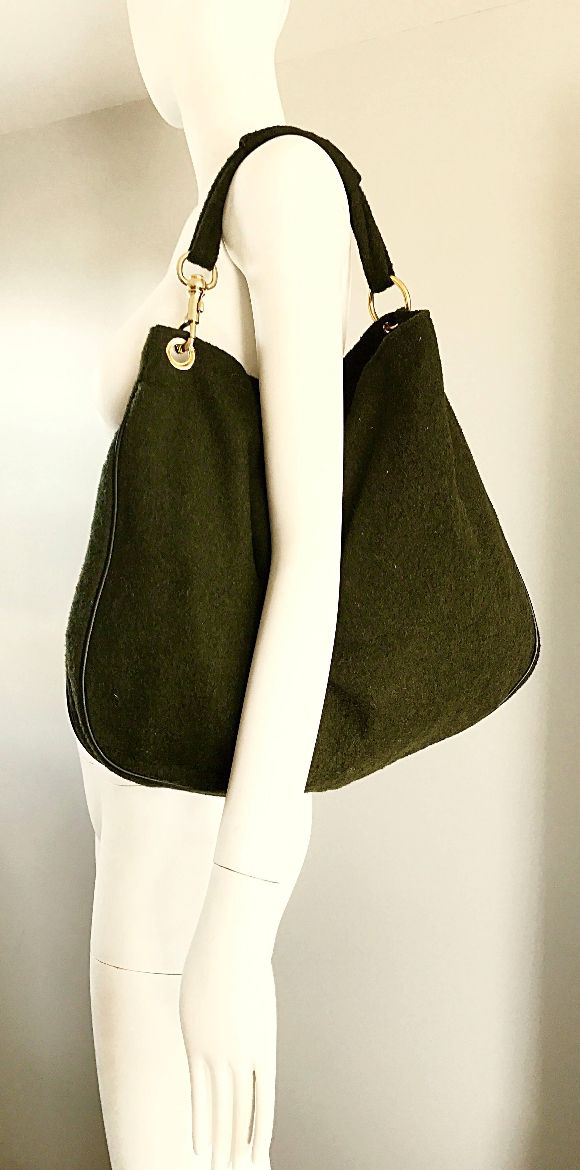 1970s Joseph Magnin Hunter Green Made in Italy Wool XL Hobo Vintage Shoulder Bag 1