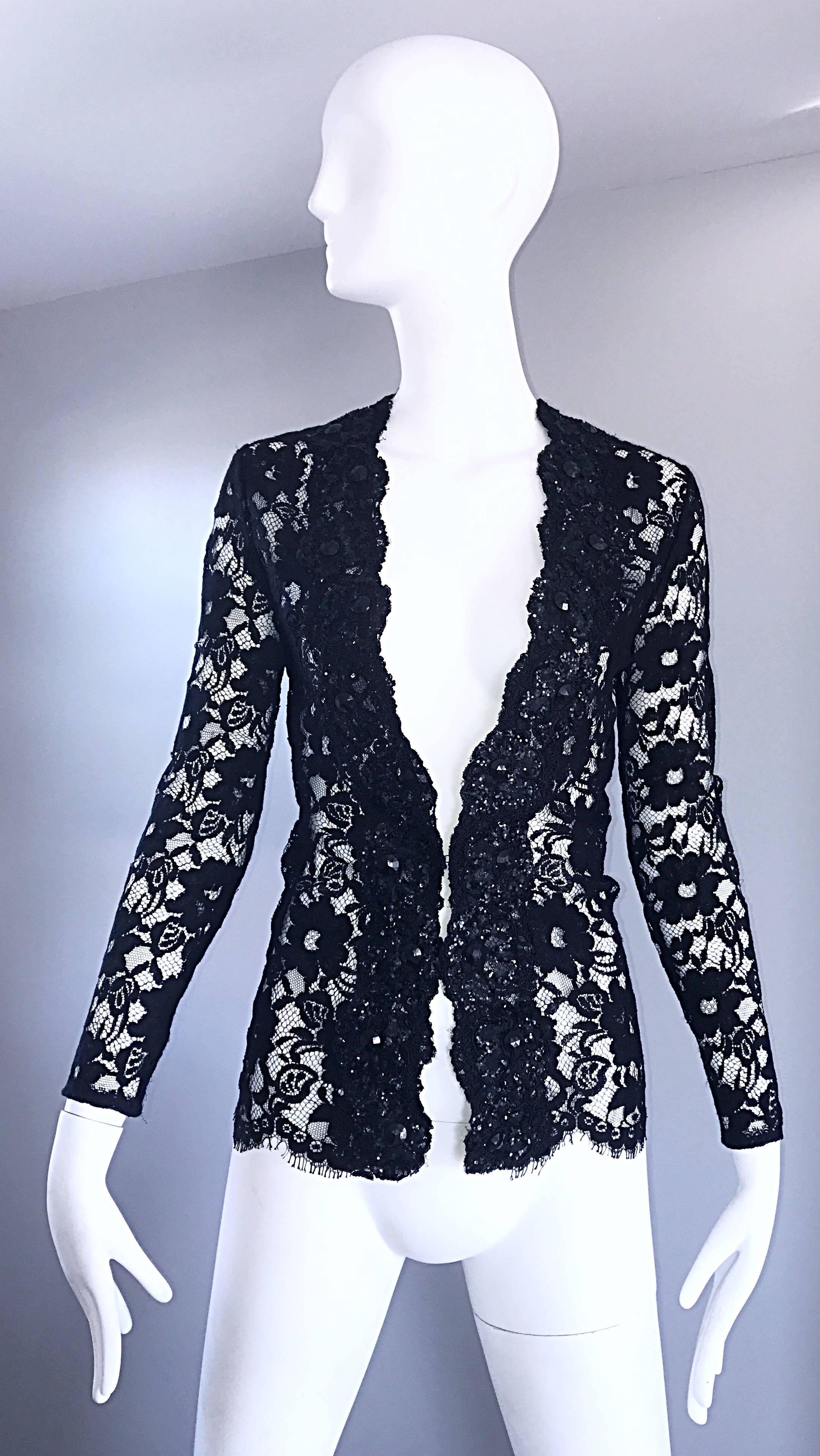 Vicky Tiel Couture Vintage 1990s Chantilly French Lace Beaded 90s Jaket Blouse 5