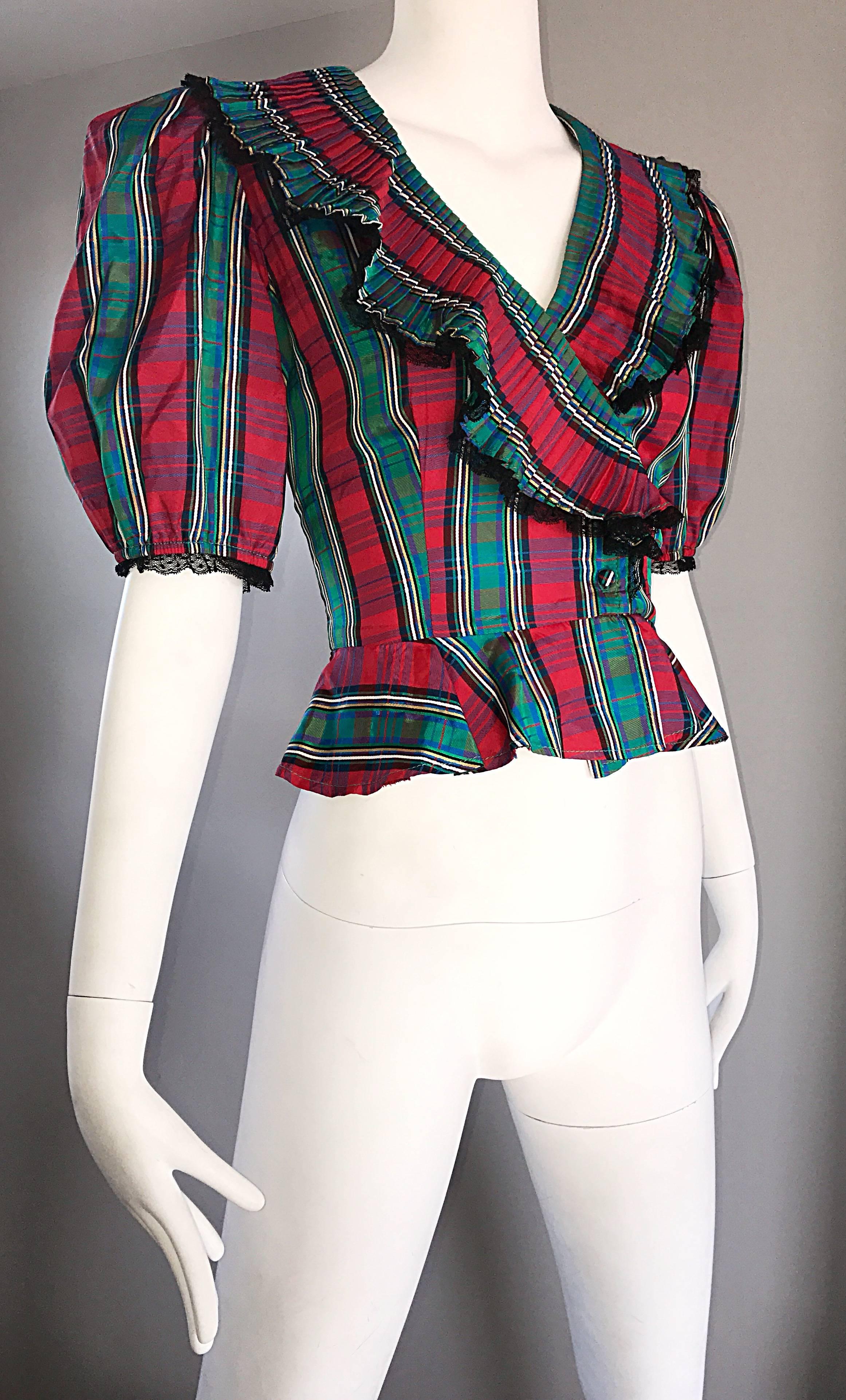 Black Chic 1970s Red and Green Plaid Taffeta + Lace Victorian Revival Vintage Blouse