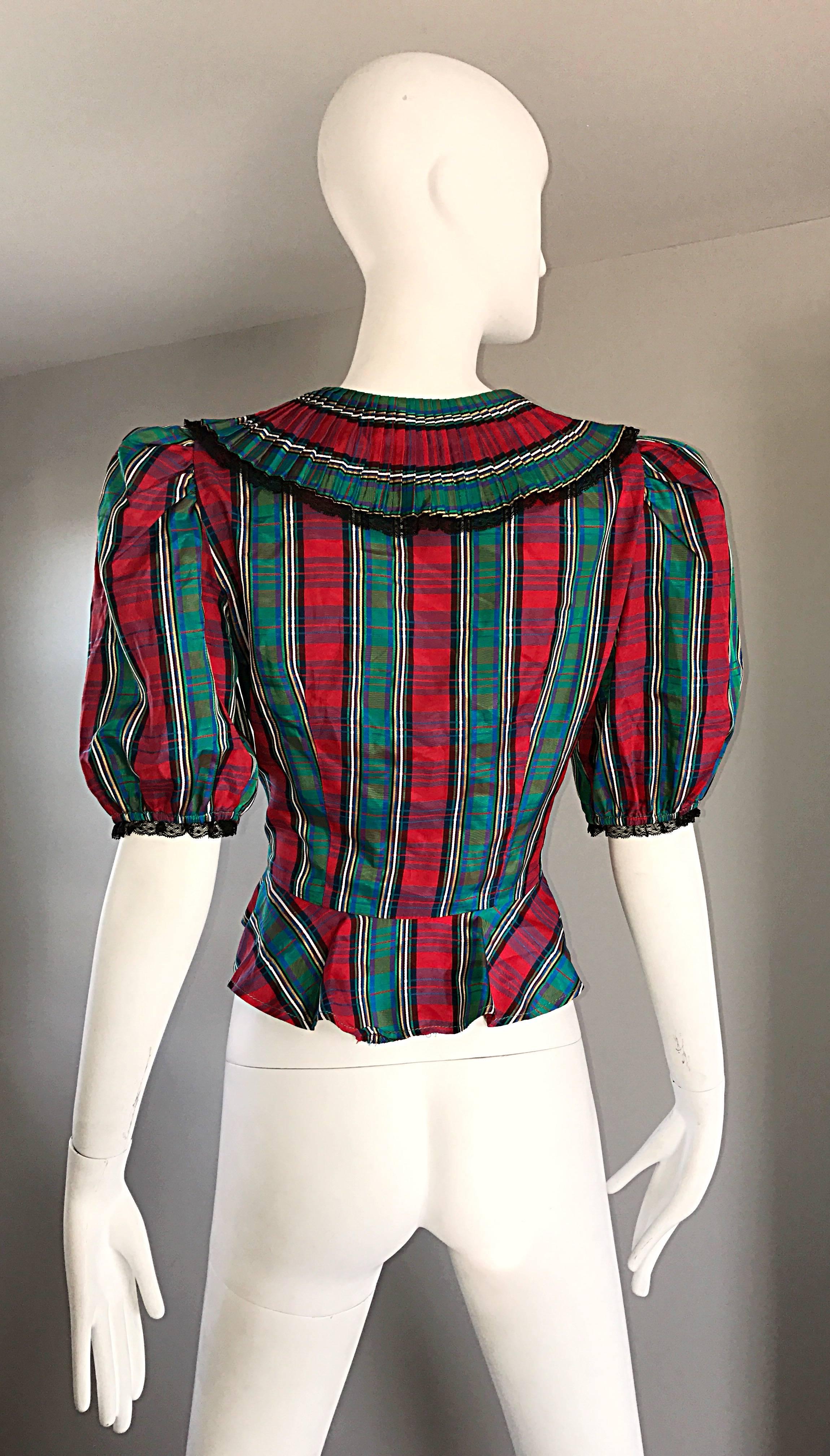 Chic 1970s Red and Green Plaid Taffeta + Lace Victorian Revival Vintage Blouse In Excellent Condition In San Diego, CA