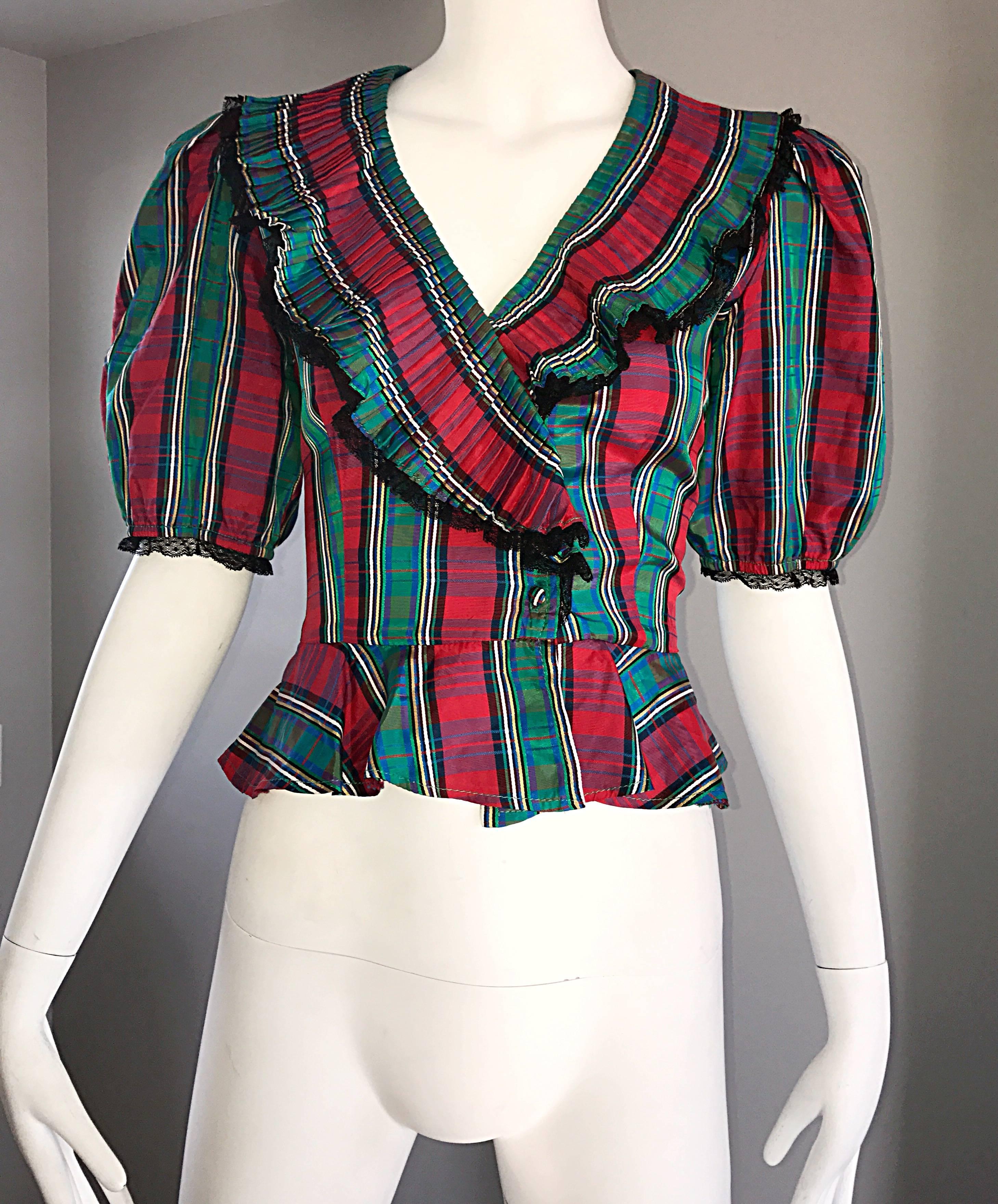 Women's Chic 1970s Red and Green Plaid Taffeta + Lace Victorian Revival Vintage Blouse