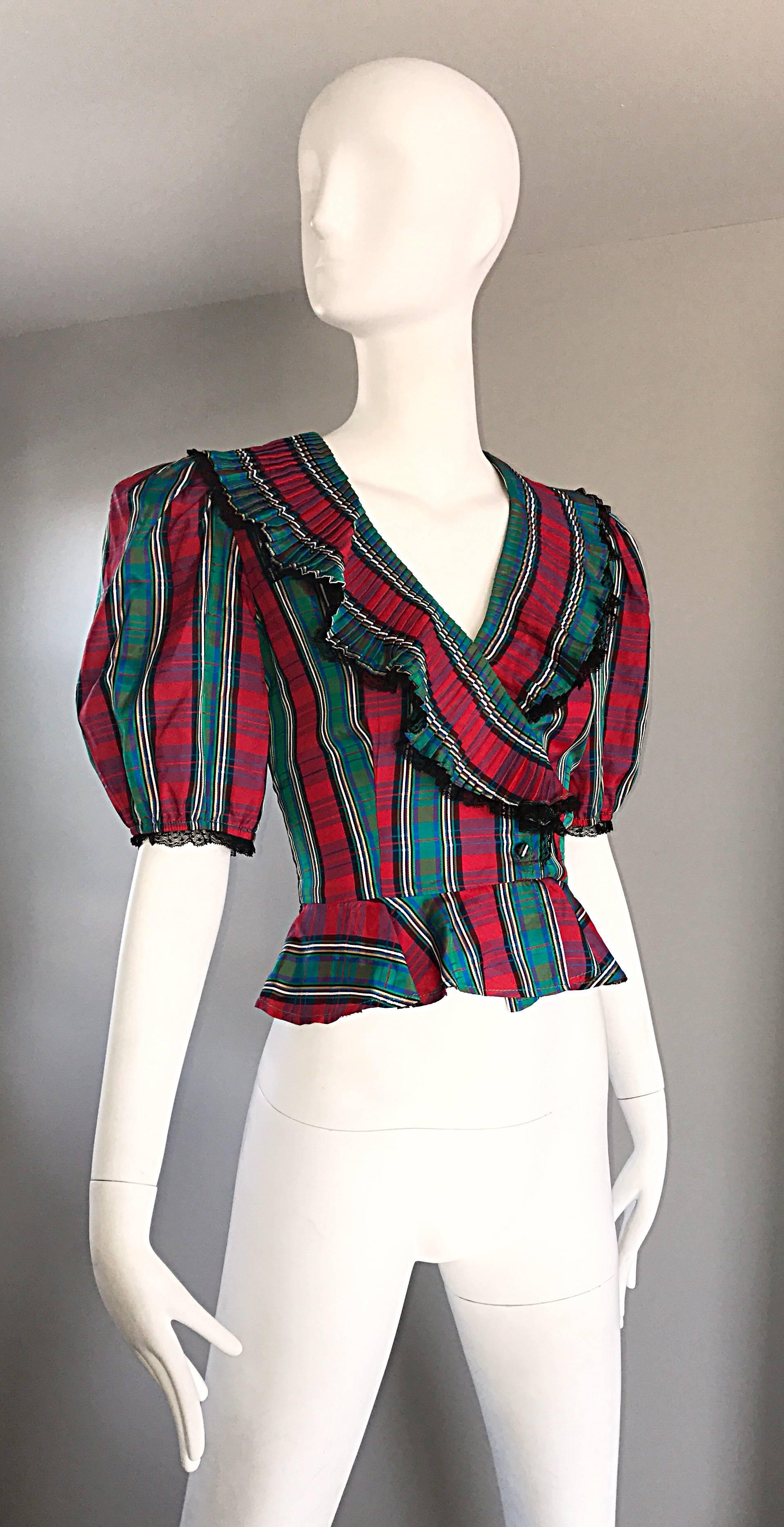 Chic 1970s Red and Green Plaid Taffeta + Lace Victorian Revival Vintage Blouse 1