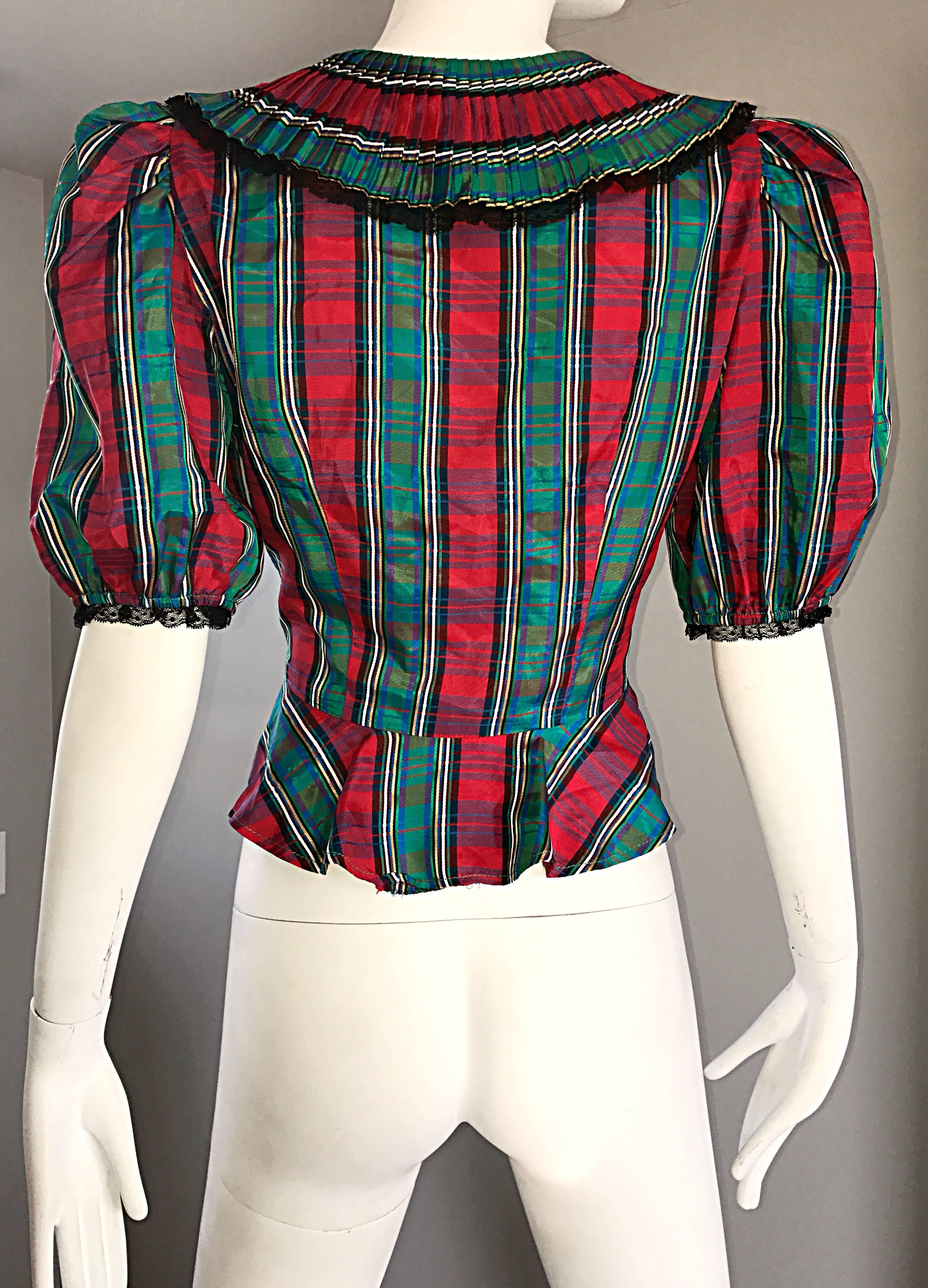 Chic 1970s Red and Green Plaid Taffeta + Lace Victorian Revival Vintage Blouse 2