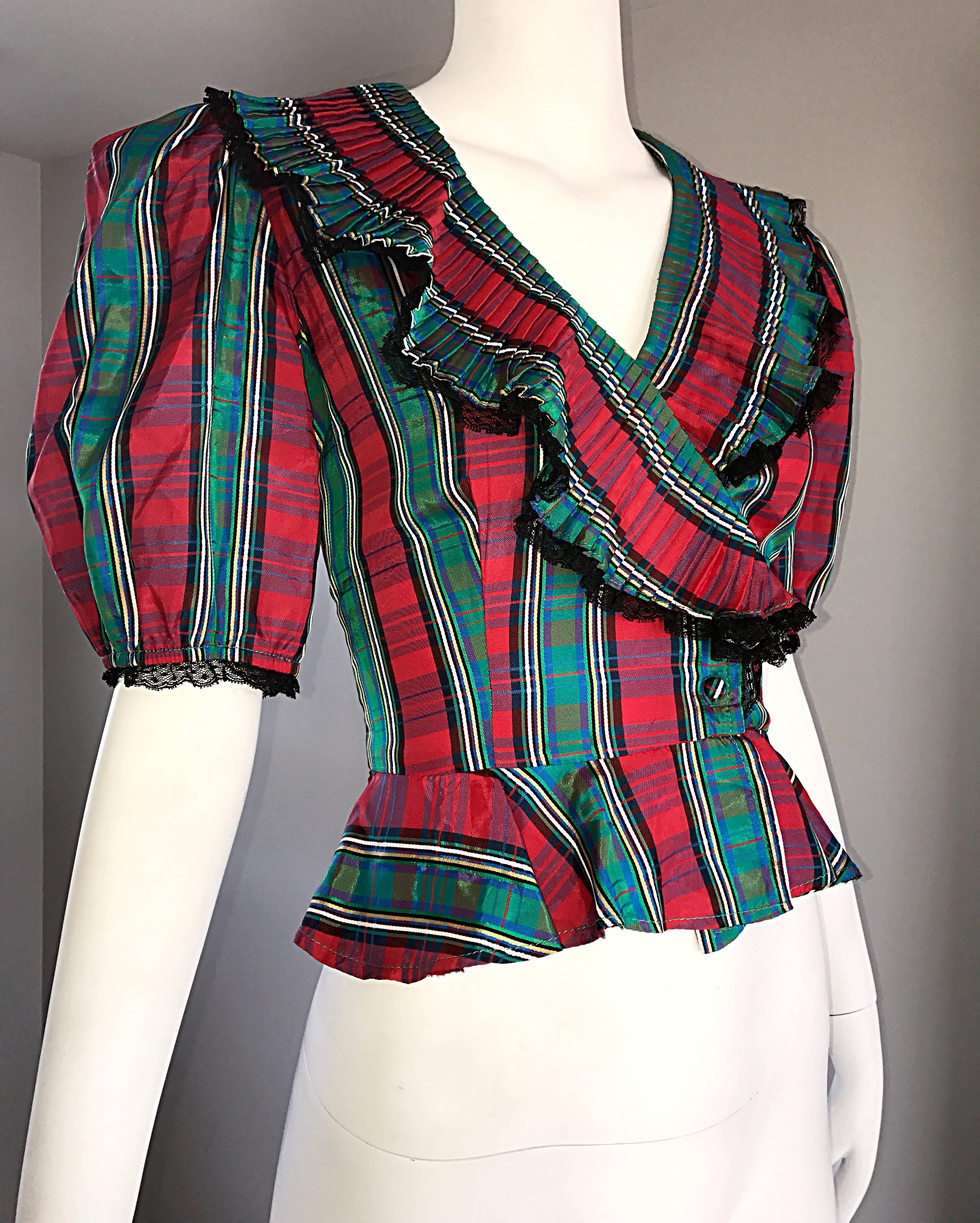 Chic 1970s Red and Green Plaid Taffeta + Lace Victorian Revival Vintage Blouse 3