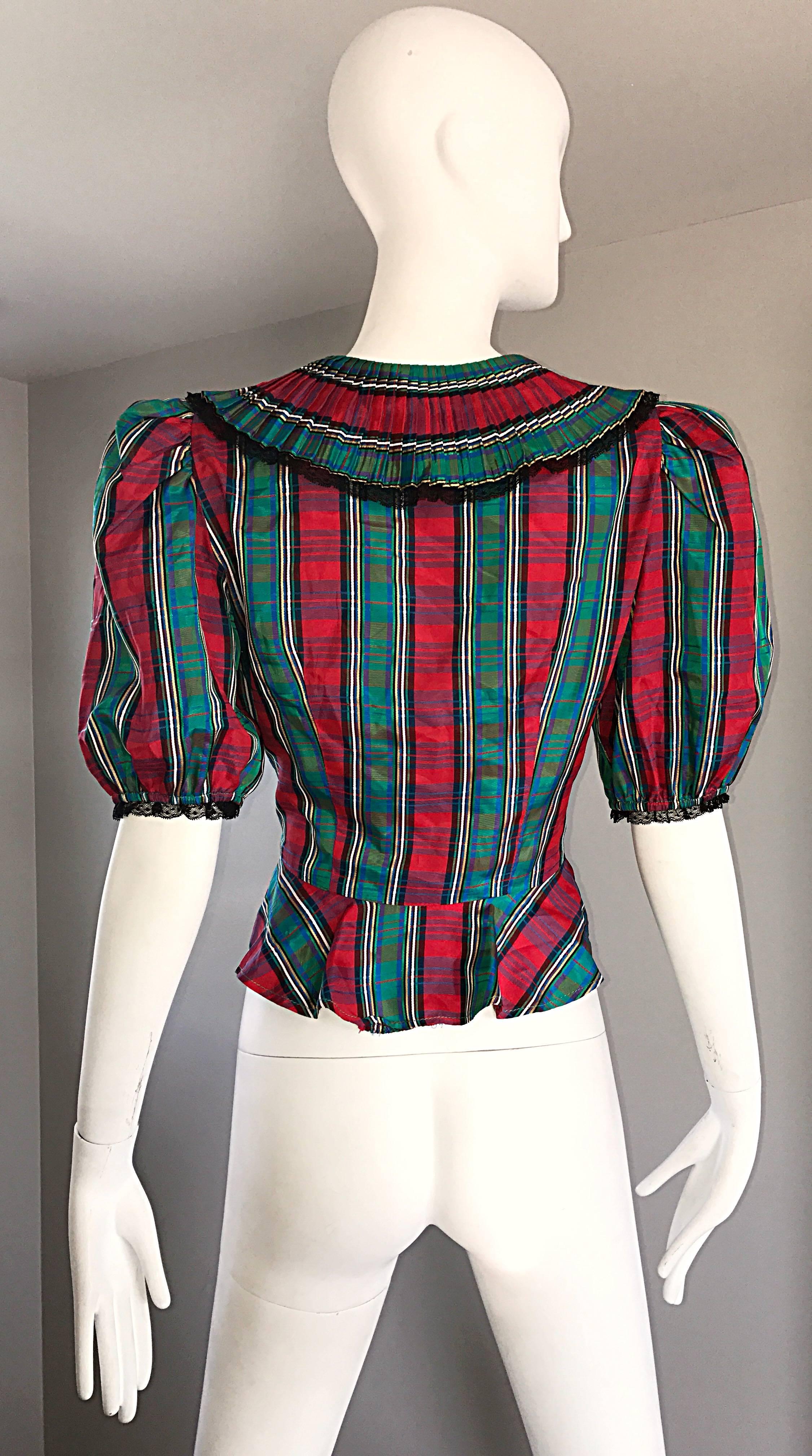 Chic 1970s Red and Green Plaid Taffeta + Lace Victorian Revival Vintage Blouse 4