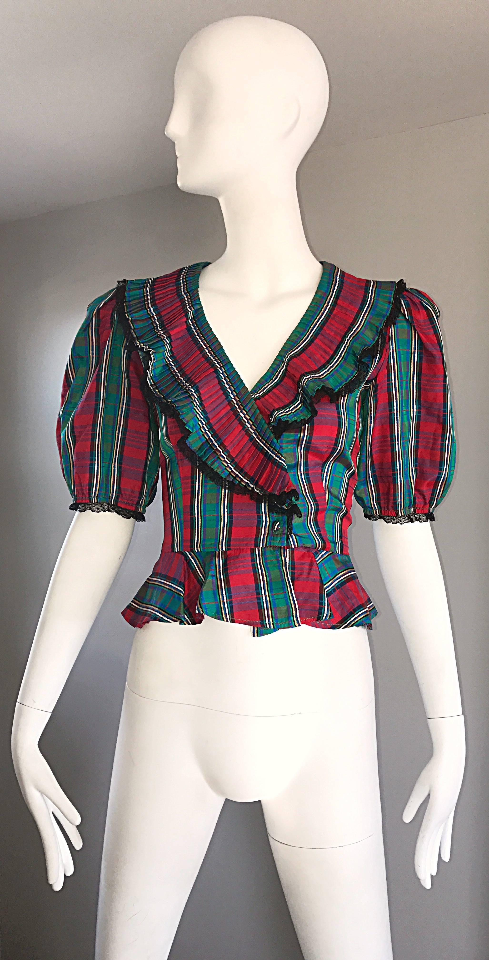 Chic 1970s Red and Green Plaid Taffeta + Lace Victorian Revival Vintage Blouse 5