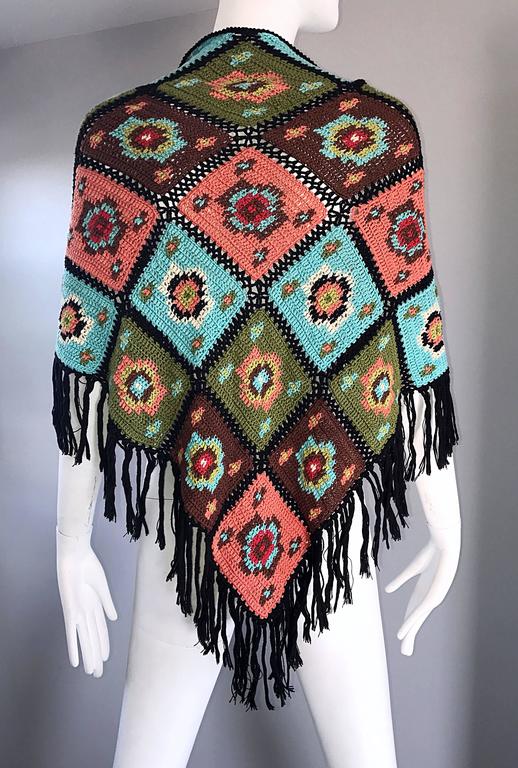 1970s Boho Hand Crochet Colorful Flower Fringed Oversized Vintage Shawl ...