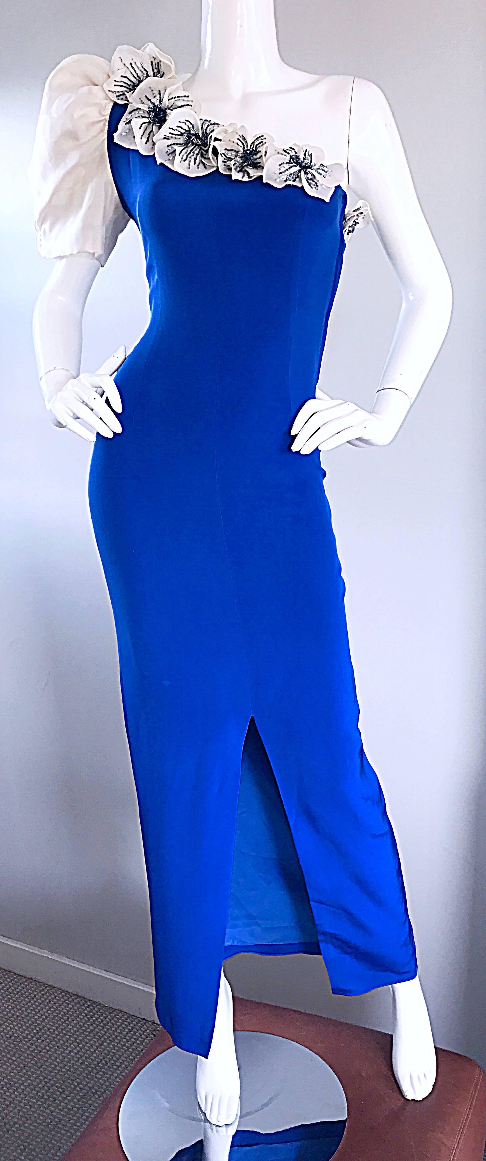 Amazing Vintage Couture Royal Blue One Shoulder Avant Garde Evening Gown / Dress In Excellent Condition In San Diego, CA