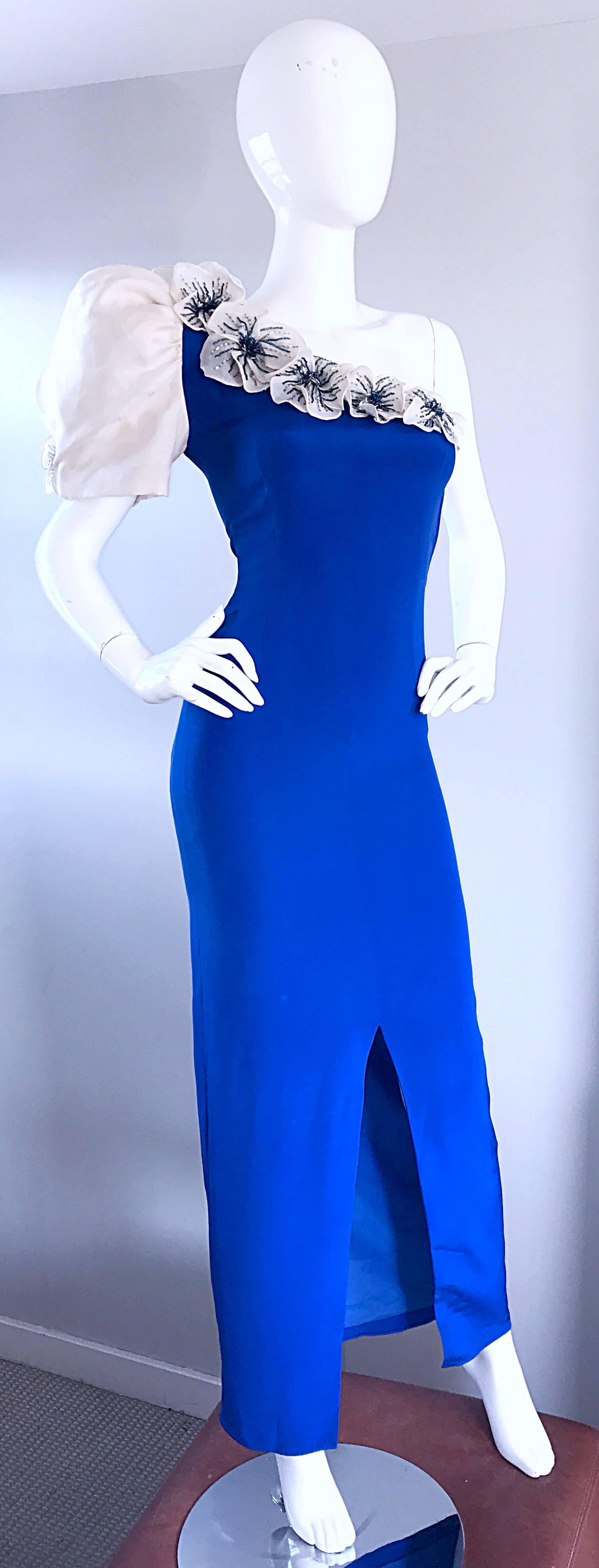 Women's Amazing Vintage Couture Royal Blue One Shoulder Avant Garde Evening Gown / Dress