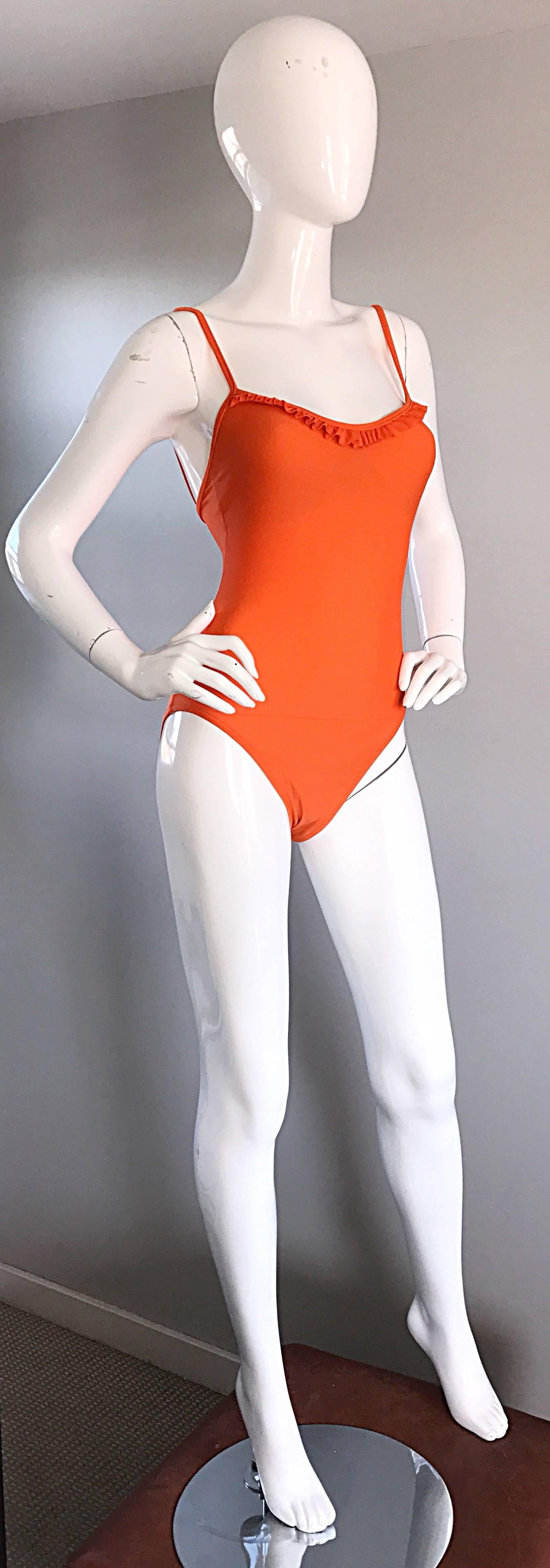 Vintage Oscar de la Renta Bright Neon Orange 1990s One Piece Swimsuit Bodysuit In Excellent Condition In San Diego, CA