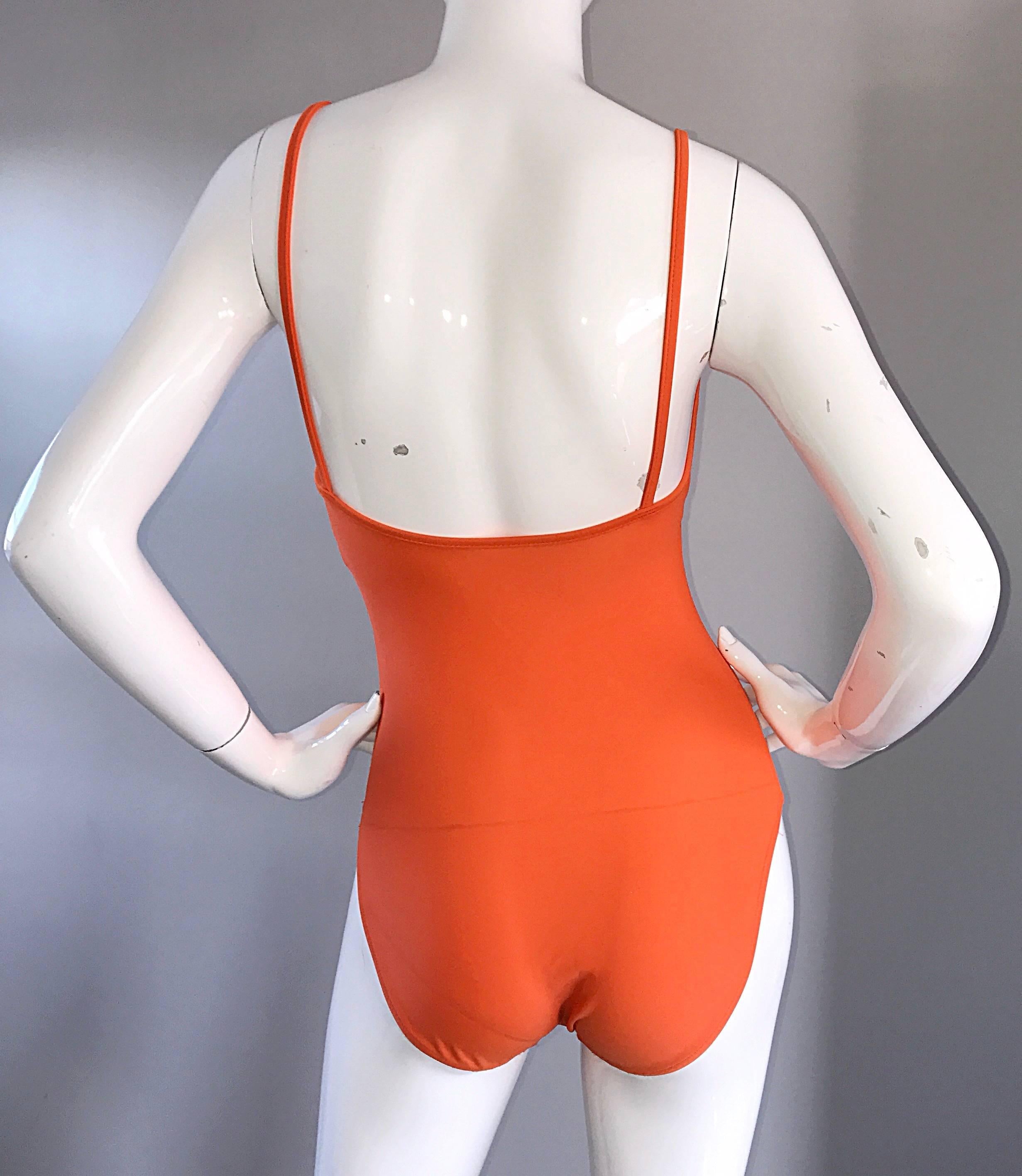 Women's Vintage Oscar de la Renta Bright Neon Orange 1990s One Piece Swimsuit Bodysuit