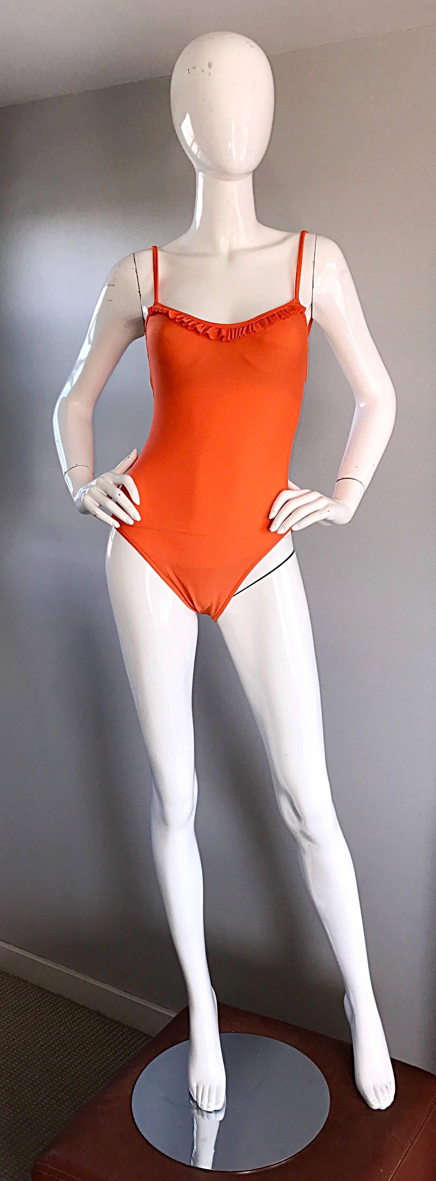 Vintage Oscar de la Renta Bright Neon Orange 1990s One Piece Swimsuit Bodysuit 1