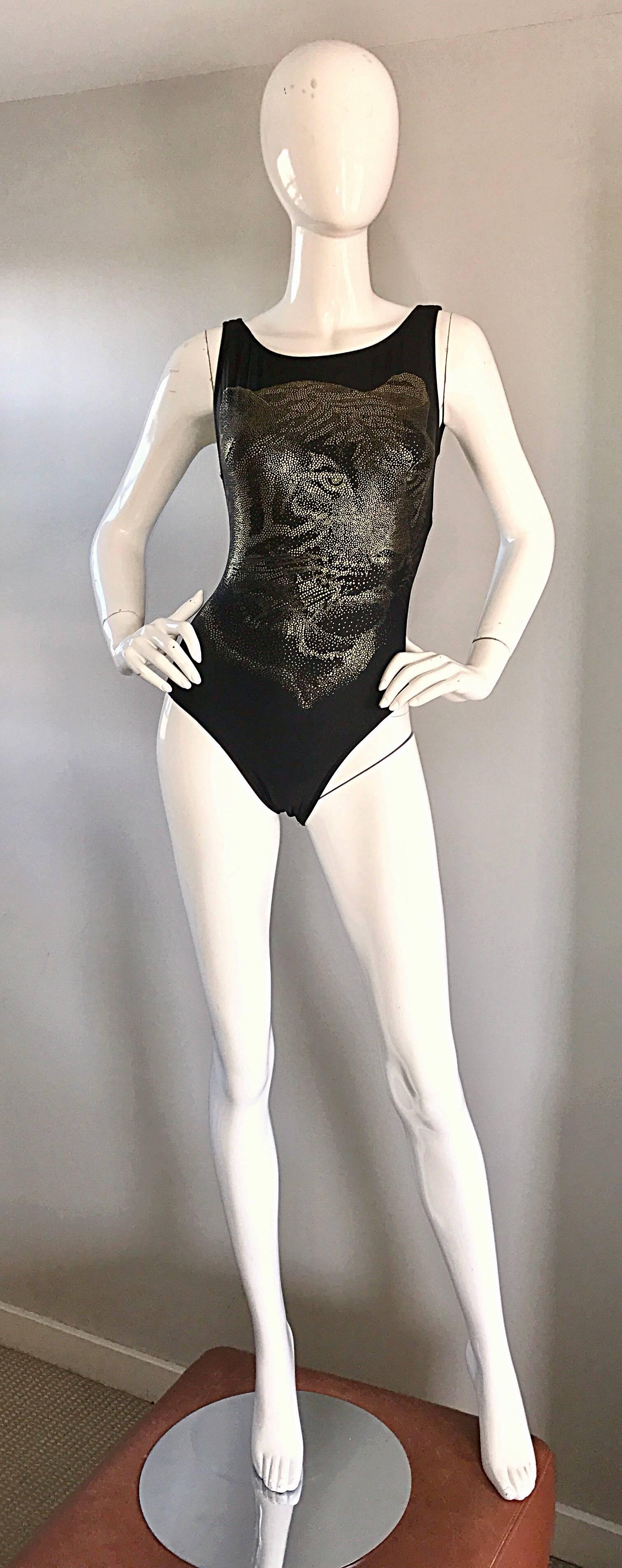 Rare vintage 1990s OSCAR DE LA RENTA three dimensional TIGER PRINT black and gold metallic one piece swimsuit, or bodysuit! Awesome print on a body hugging / bodycon stretch fit! Extremely flattering, with sewing techniques only a genius could