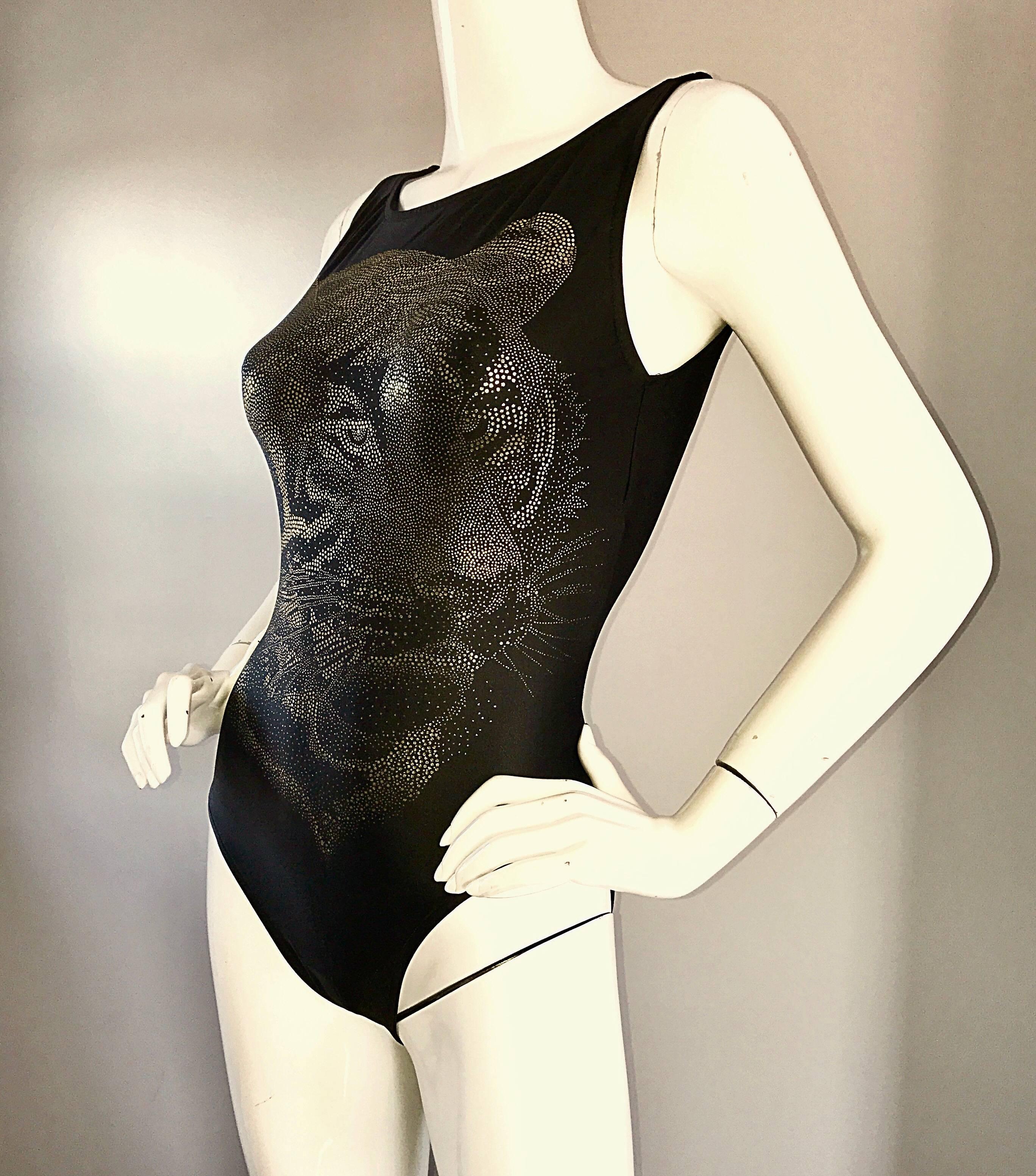 Rare Oscar de la Renta Vintage Tiger 3 - D 90s Black and Gold Swimsuit Bodysuit 4