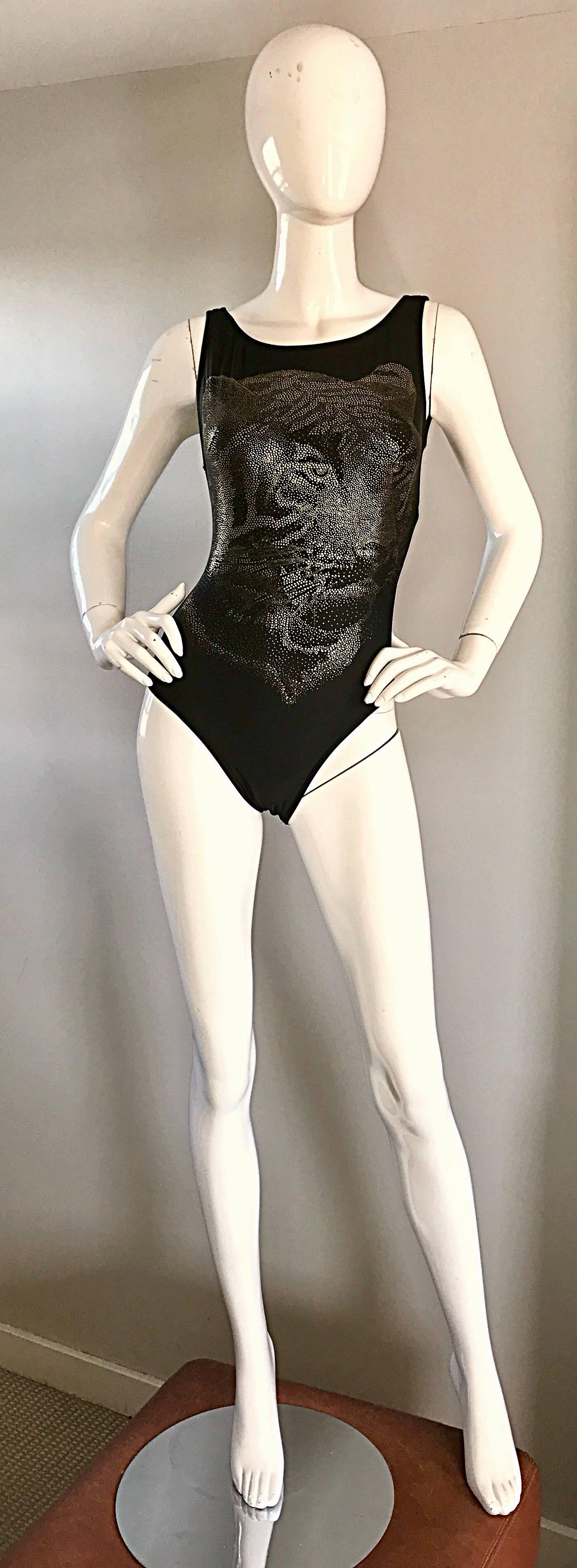 Rare Oscar de la Renta Vintage Tiger 3 - D 90s Black and Gold Swimsuit Bodysuit 5