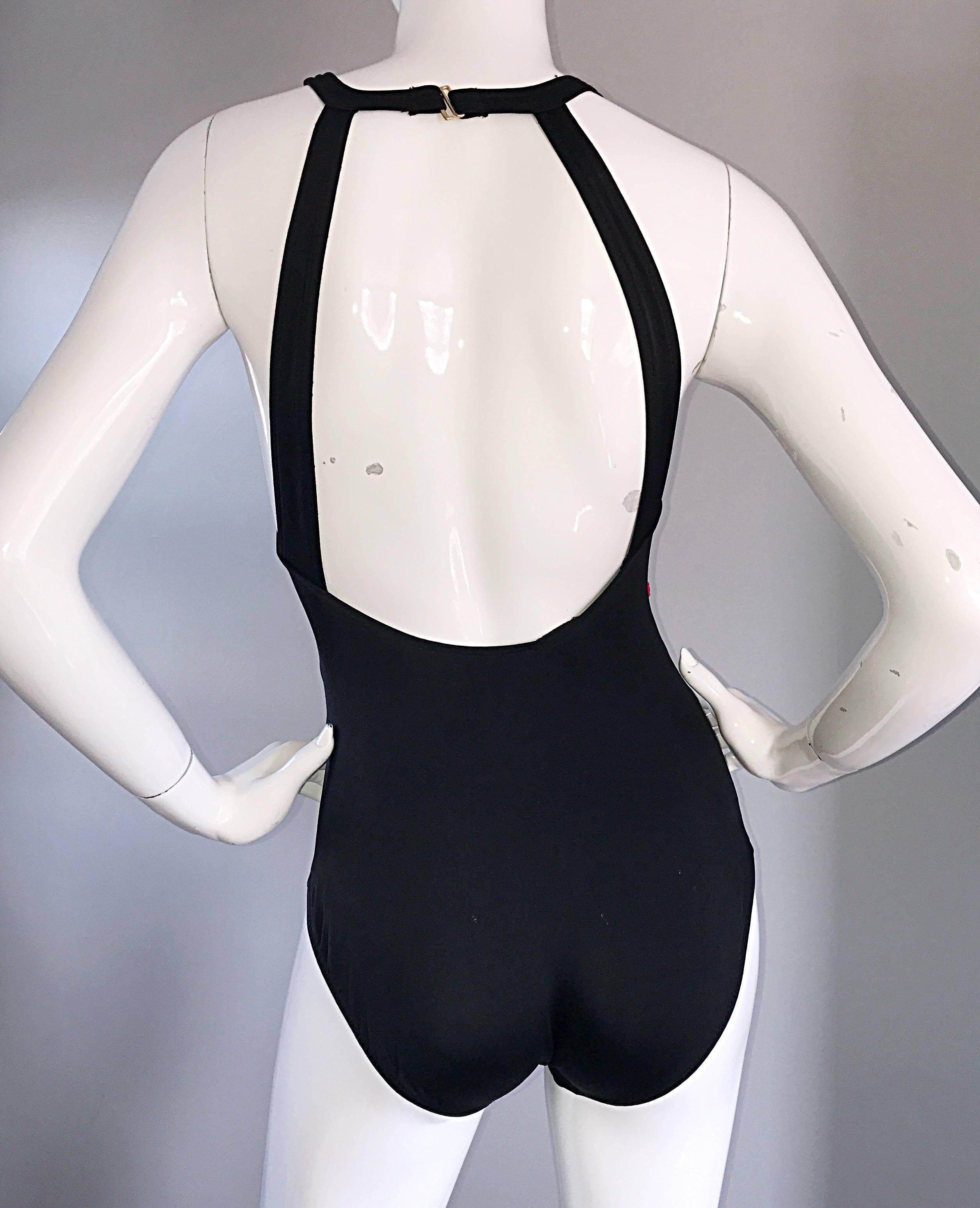 Black Bill Blass New Vintage 1990s 90s Chic One Piece Swimsuit / Bodysuit with Bows