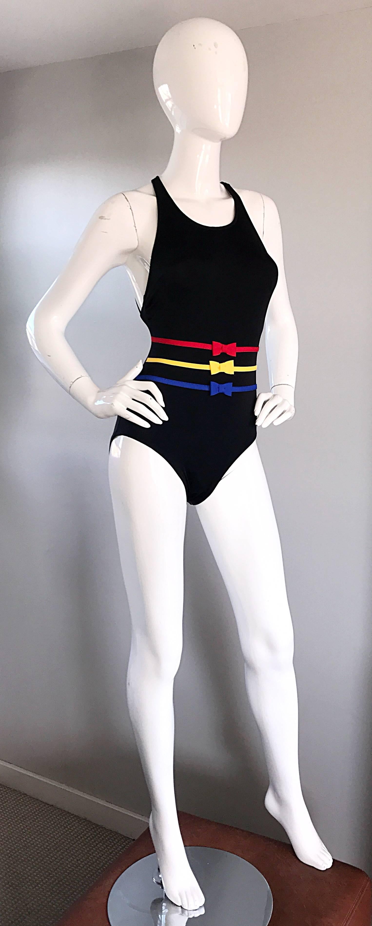 Bill Blass New Vintage 1990s 90s Chic One Piece Swimsuit / Bodysuit with Bows 2