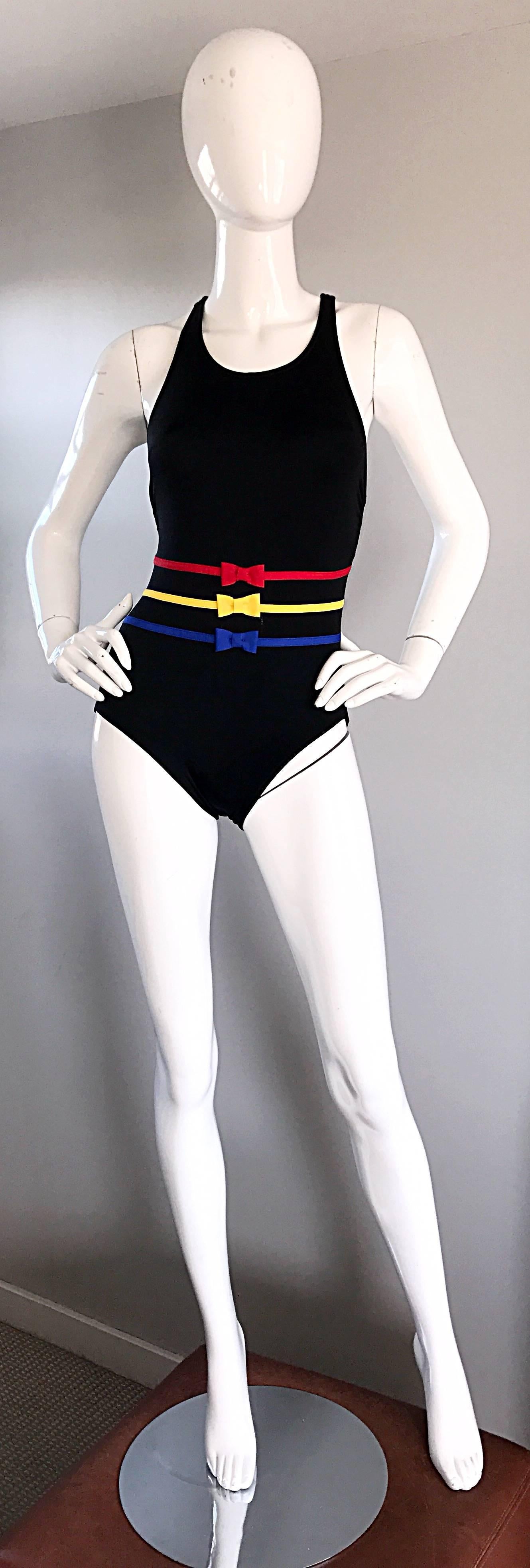 Bill Blass New Vintage 1990s 90s Chic One Piece Swimsuit / Bodysuit with Bows 4