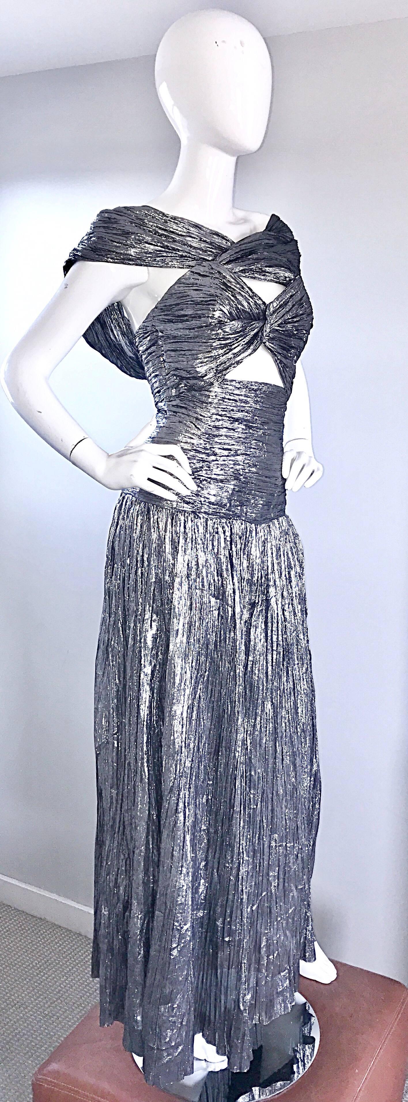 1970s Ted Lapidus Haute Couture Silver Metallic Silk Plisse Cut - Out Gown Dress In Excellent Condition In San Diego, CA