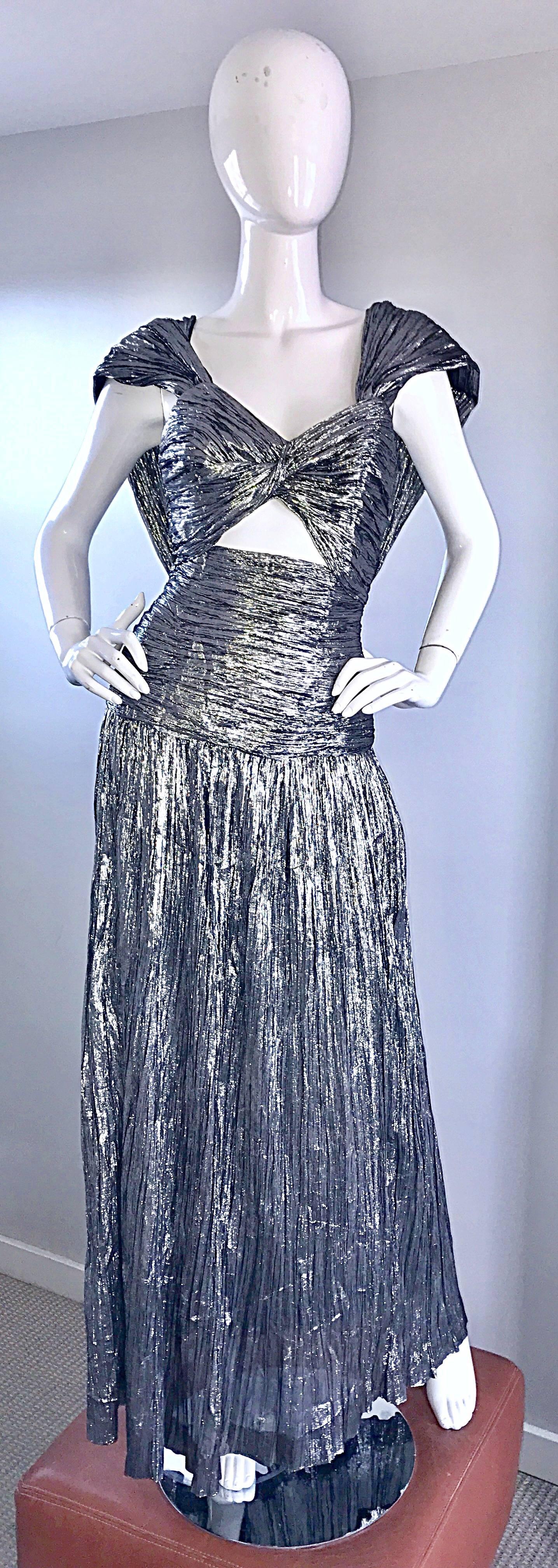1970s Ted Lapidus Haute Couture Silver Metallic Silk Plisse Cut - Out Gown Dress 1