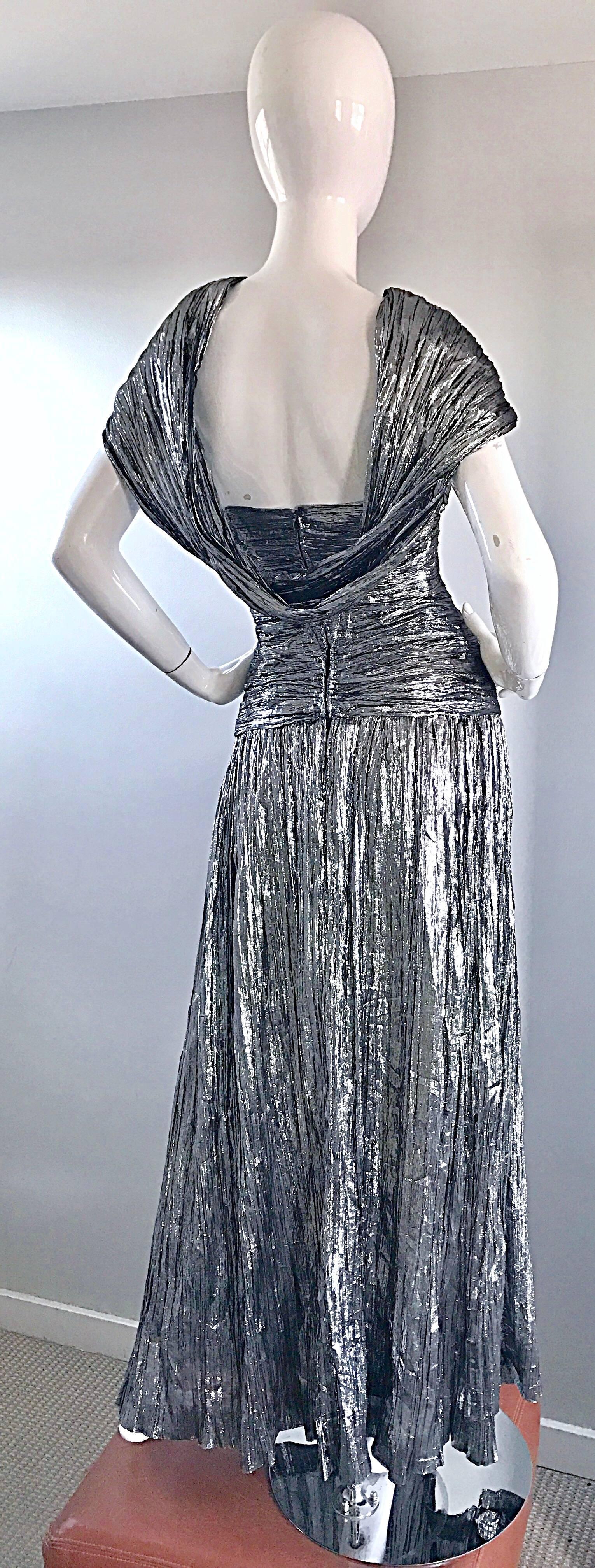 Women's 1970s Ted Lapidus Haute Couture Silver Metallic Silk Plisse Cut - Out Gown Dress