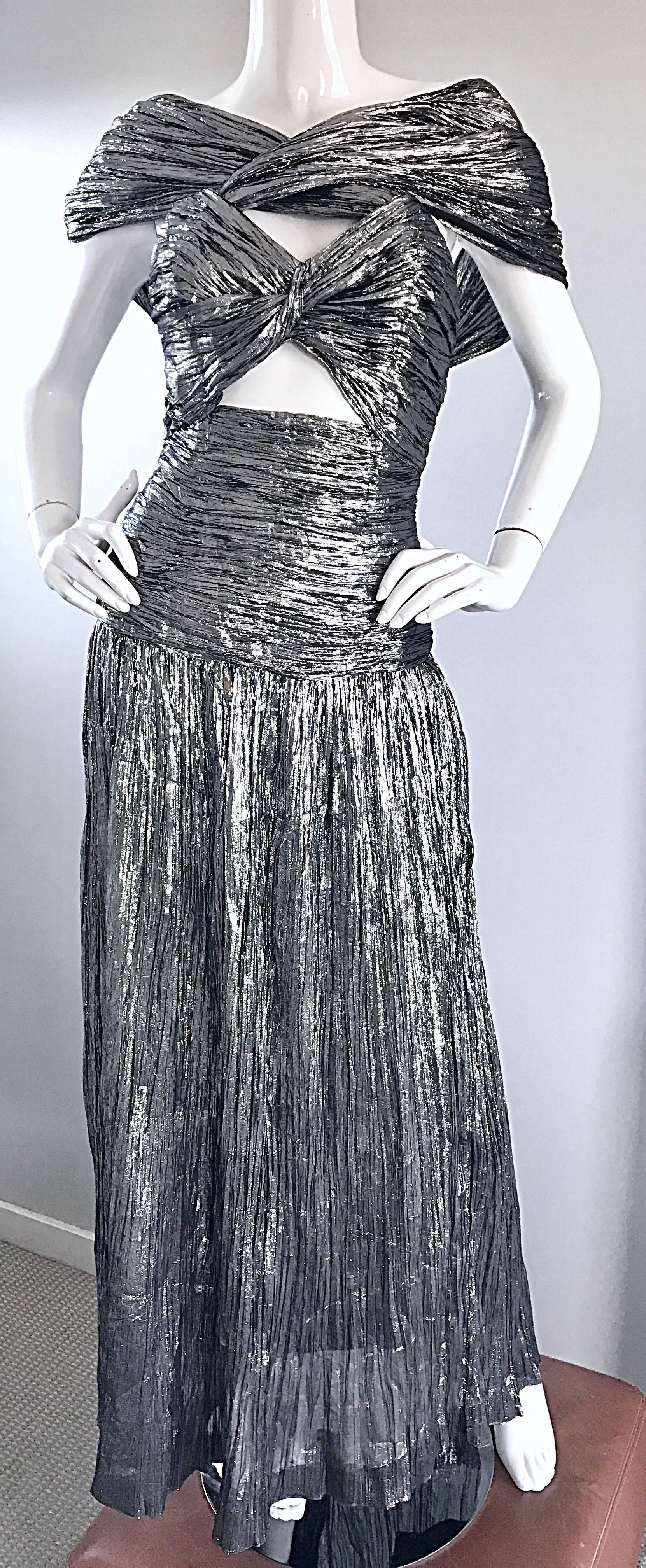 1970s Ted Lapidus Haute Couture Silver Metallic Silk Plisse Cut - Out Gown Dress 2