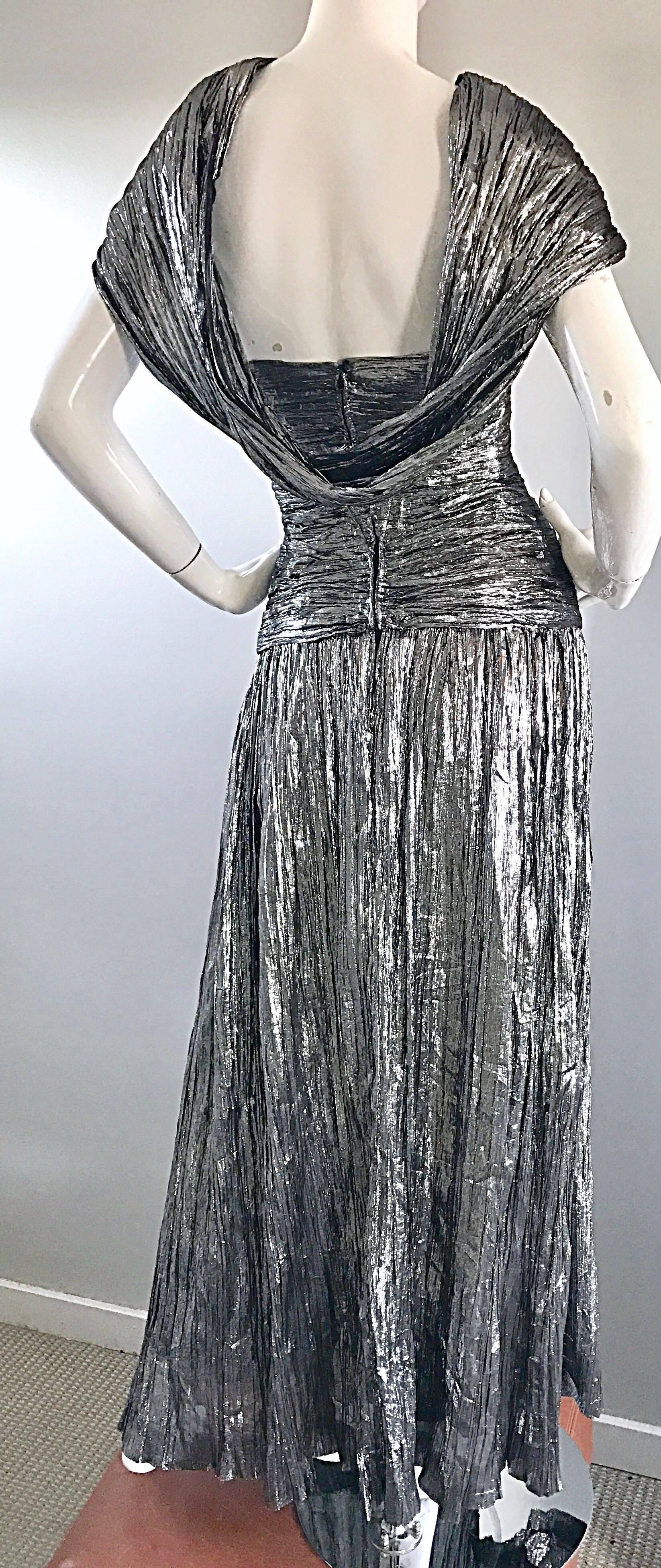 1970s Ted Lapidus Haute Couture Silver Metallic Silk Plisse Cut - Out Gown Dress 3