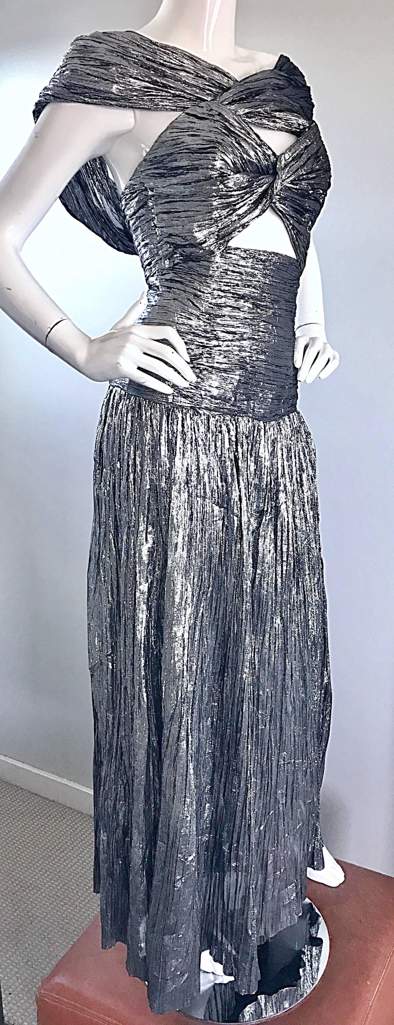 1970s Ted Lapidus Haute Couture Silver Metallic Silk Plisse Cut - Out Gown Dress 4