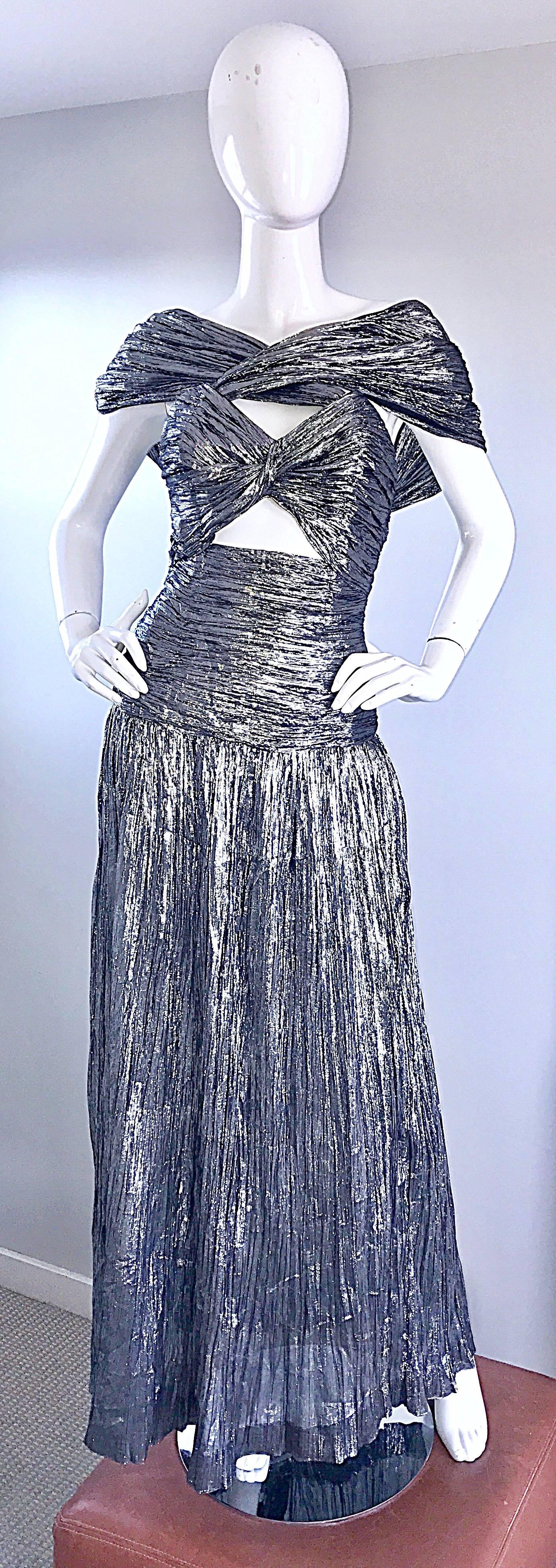 1970s Ted Lapidus Haute Couture Silver Metallic Silk Plisse Cut - Out Gown Dress 5