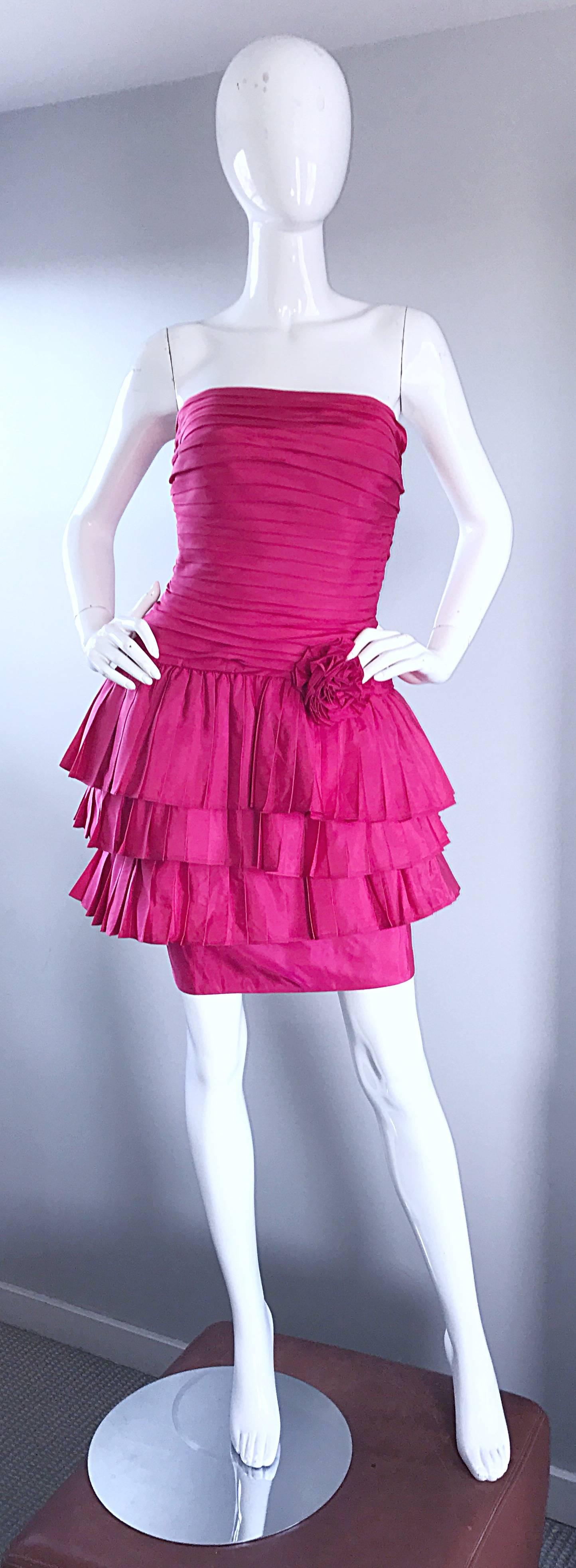 Vintage TADASHI 1990s Hot Pink Fuchsia Taffeta Strapless 90s Pouf Cocktail Dress 1