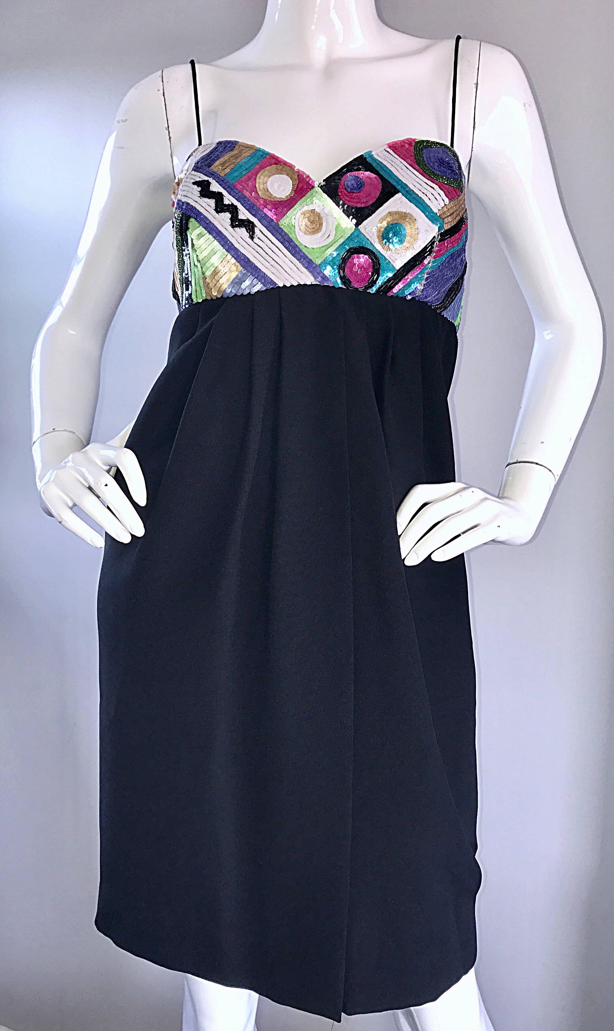 1990s Liyiz Vintage Early 90s Black Crepe Colorful Sequin Babydoll Empire Dress  For Sale 2