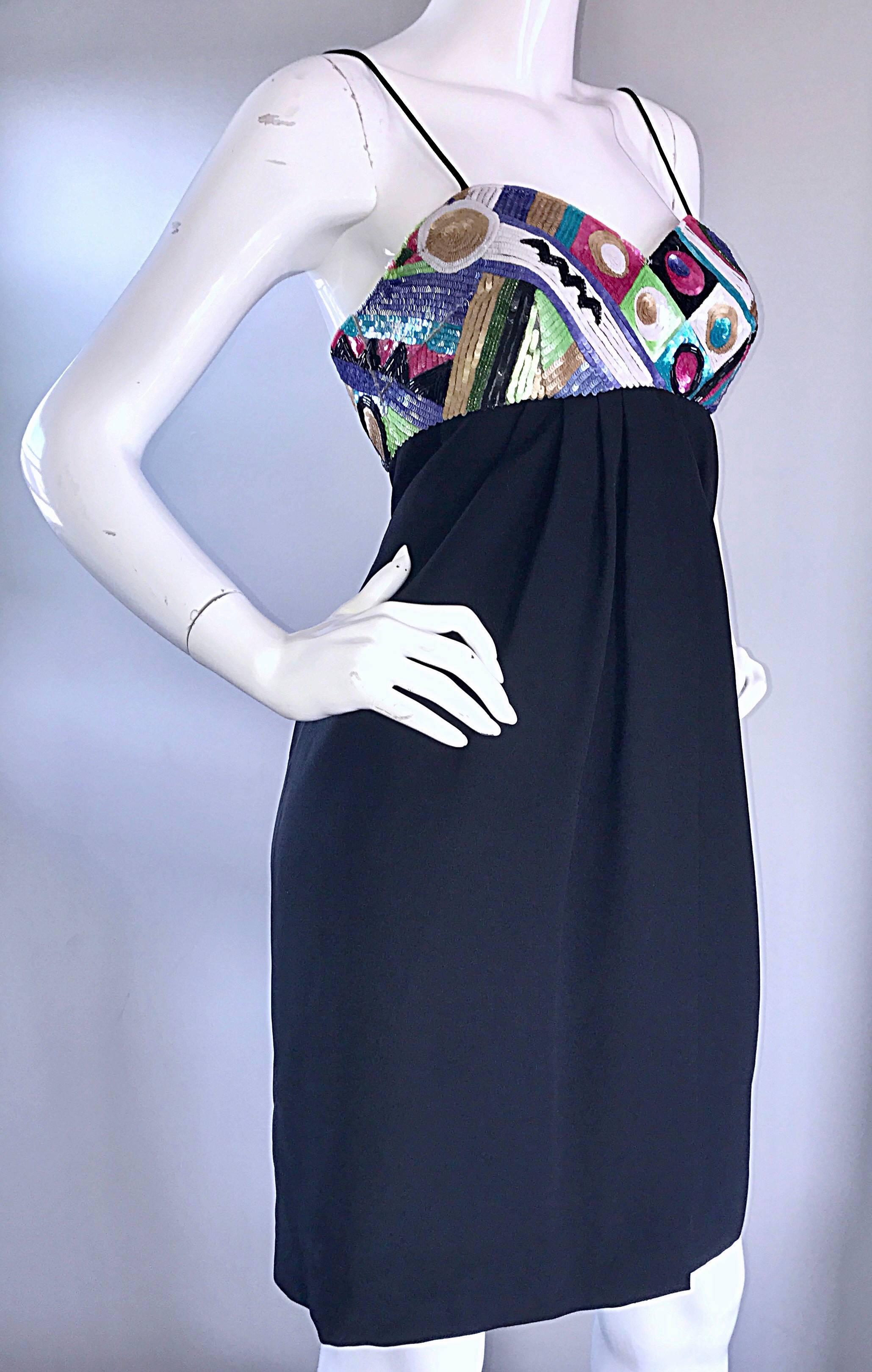1990s Liyiz Vintage Early 90s Black Crepe Colorful Sequin Babydoll Empire Dress  For Sale 3