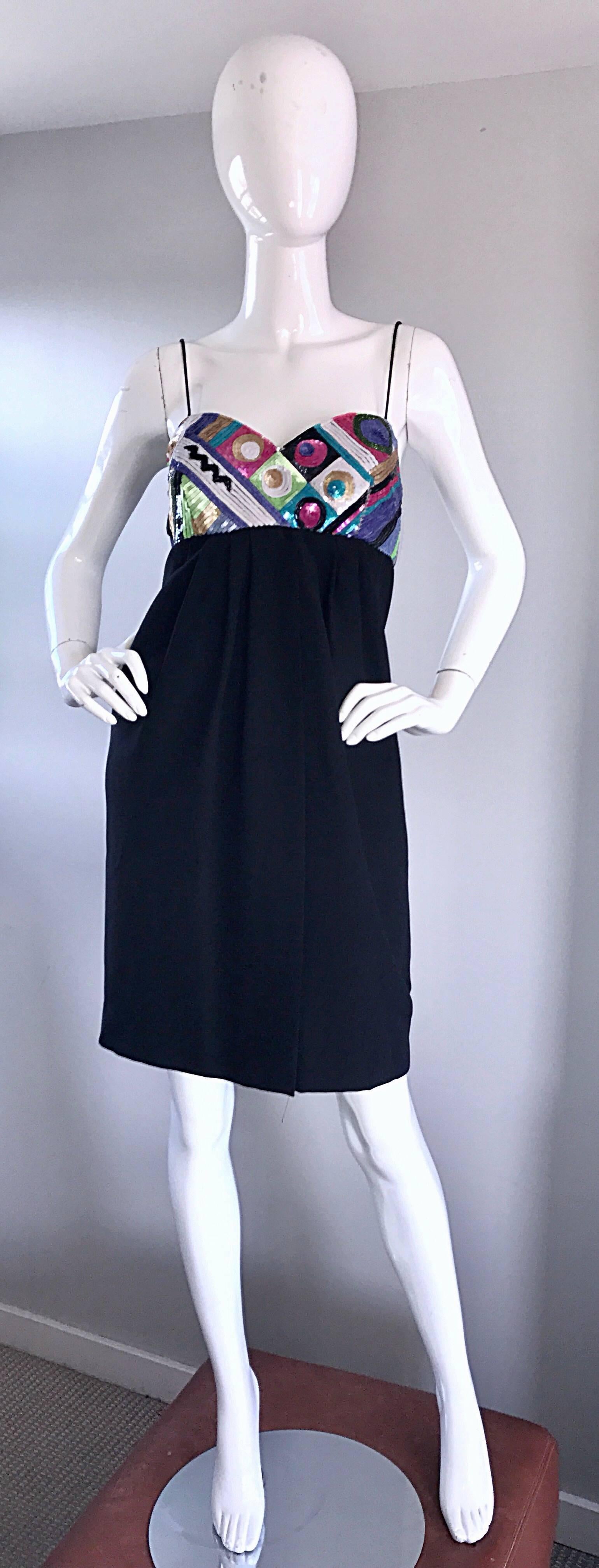 1990s Liyiz Vintage Early 90s Black Crepe Colorful Sequin Babydoll Empire Dress  For Sale 6