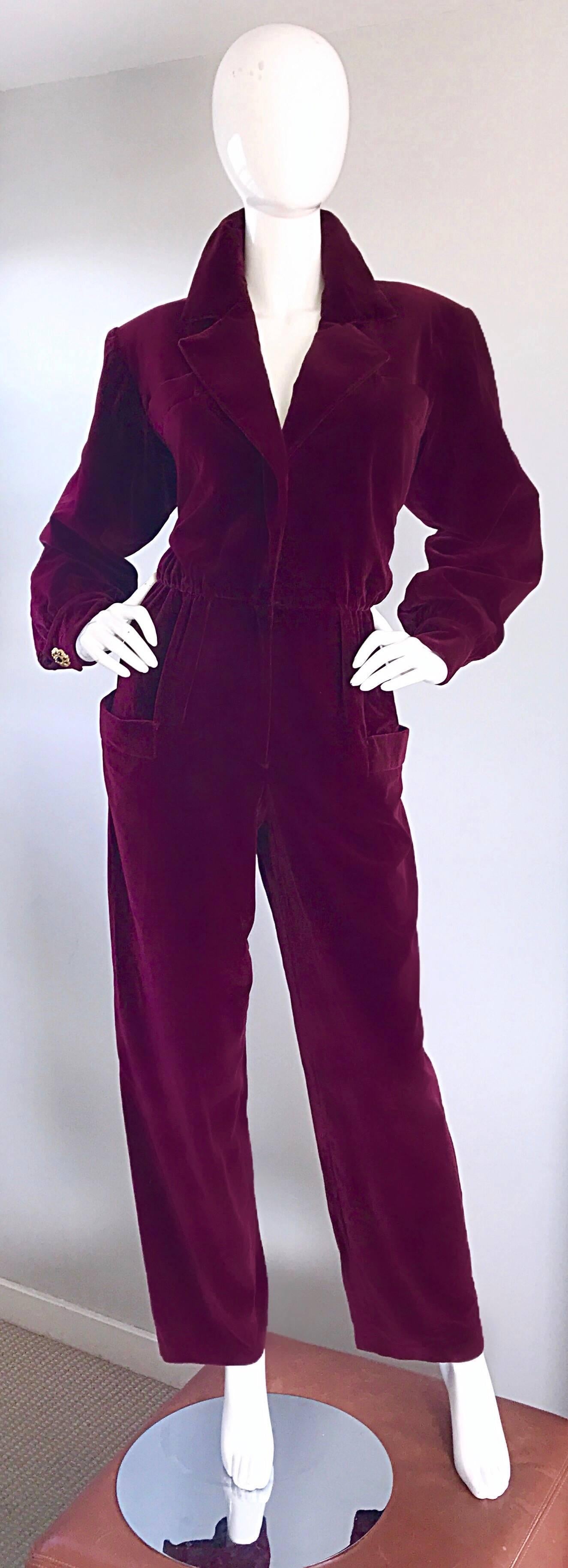 Rare 70s vintage YVES SAINT LAURENT Rive Gauche burgundy / maroon velvet jumpsuit! I have never seen one of these like this, and I am an avid YSL collector! Rich deep burgundy color on super soft sturdy velvet, with a flattering silhouette! Hidden